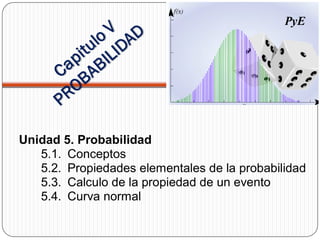 Unidad 5. Probabilidad
5.1. Conceptos
5.2. Propiedades elementales de la probabilidad
5.3. Calculo de la propiedad de un evento
5.4. Curva normal
 