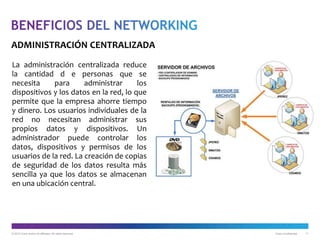 © 2012 Cisco and/or its affiliates. All rights reserved. Cisco Confidential 11
ADMINISTRACIÓN CENTRALIZADA
La administración centralizada reduce
la cantidad d e personas que se
necesita para administrar los
dispositivos y los datos en la red, lo que
permite que la empresa ahorre tiempo
y dinero. Los usuarios individuales de la
red no necesitan administrar sus
propios datos y dispositivos. Un
administrador puede controlar los
datos, dispositivos y permisos de los
usuarios de la red. La creación de copias
de seguridad de los datos resulta más
sencilla ya que los datos se almacenan
en una ubicación central.
 