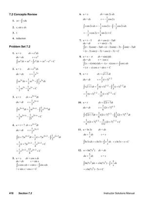 418 Section 7.2 Instructor Solutions Manual
7.2 Concepts Review
1. –uv vdu∫
2. x; sin x dx
3. 1
4. reduction
Problem Set 7.2
1. u = x x
dv e dx=
du = dx x
v e=
x x x
xe dx xe e dx= −∫ ∫
x x
xe e C= − +
2. u = x 3x
dv e dx=
du = dx 31
3
x
v e=
3 3 31 1
3 3
x x x
xe dx xe e dx= −∫ ∫
3 31 1
3 9
x x
xe e C= − +
3. u = t 5t
dv e dt+π
=
du = dt 51
5
t
v e +π
=
5 5 51 1
–
5 5
t t t
te dt te e dt+π +π +π
=∫ ∫
5 51 1
–
5 25
t t
te e C+π +π
= +
4. u = t + 7 2 3t
dv e dt+
=
du = dt 2 31
2
t
v e +
=
2 3 2 3 2 31 1
( 7) ( 7) –
2 2
t t t
t e dt t e e dt+ + +
+ = +∫ ∫
2 3 2 31 1
( 7) –
2 4
t t
t e e C+ +
= + +
2 3 2 313
2 4
t tt
e e C+ +
= + +
5. u = x dv = cos x dx
du = dx v = sin x
cos sin – sinx xdx x x xdx=∫ ∫
= x sin x + cos x + C
6. u = x dv = sin 2x dx
du = dx
1
– cos2
2
v x=
1 1
sin 2 – cos2 – – cos2
2 2
x xdx x x xdx=∫ ∫
1 1
– cos2 sin 2
2 4
x x x C= + +
7. u = t – 3 dv = cos (t – 3)dt
du = dt v = sin (t – 3)
( – 3)cos( – 3) ( – 3)sin( – 3) – sin( – 3)t t dt t t t dt=∫ ∫
= (t – 3) sin (t – 3) + cos (t – 3) + C
8. u = x – π dv = sin(x)dx
du = dx v = –cos x
( – )sin( ) –( – )cos cosx x dx x x xdxπ = π +∫ ∫
= (π – x) cos x + sin x + C
9. u = t 1dv t dt= +
du = dt 3/ 22
( 1)
3
v t= +
3/ 2 3/ 22 2
1 ( 1) – ( 1)
3 3
t t dt t t t dt+ = + +∫ ∫
3/ 2 5/ 22 4
( 1) – ( 1)
3 15
t t t C= + + +
10. u = t 3
2 7dv t dt= +
du = dt 4/33
(2 7)
8
v t= +
4/3 4/33 3 3
2 7 (2 7) – (2 7)
8 8
t t dt t t t dt+ = + +∫ ∫
4/3 7 /33 9
(2 7) – (2 7)
8 112
t t t C= + + +
11. u = ln 3x dv = dx
1
du dx
x
= v = x
1
ln3 ln3xdx x x x dx
x
= −∫ ∫ ln3x x x C= − +
12. 5
ln(7 )u x= dv = dx
5
du dx
x
= v = x
5 5 5
ln(7 ) ln(7 ) –x dx x x x dx
x
=∫ ∫
5
ln(7 ) – 5x x x C= +
© 2007 Pearson Education, Inc., Upper Saddle River, NJ. All rights reserved. This material is protected under all copyright laws as they currently exist. No portion of
this material may be reproduced, in any form or by any means, without permission in writing from the publisher.
 