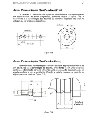 LEITURA E INTERPRETAÇÃO DE DESENHO TÉCNICO                                                       103


Outras Representações (Detalhes Repetitivos)
      Os detalhes ou elementos que aparecem repetidamente nos objetos podem
ser representados de forma simplificada, conforme mostra a Figura 7.18. A
quantidade e a especificação dos detalhes ou elementos repetidos são feitas na
cotagem ou por anotações específicas.
                                                           12-8Furos              45
                                                                                     °


                      14-6Furos




                 22
            20            110 (5x22)


                                                                            70



                                             Figura 7.18




Outras Representações (Detalhes Ampliados)
       Para melhorar a representação e facilitar a cotagem de pequenos detalhes de
um objeto, faz-se a identificação do detalhe, circundando-o com uma linha fina,
contínua e identificada por uma letra maiúscula, desenhando posteriormente, em
escala ampliada e com a devida identificação, o detalhe marcado no desenho do
objeto, conforme mostra a Figura 7.19.


                              114

                              24        48                                                            Ø30
Ø36




                                             Ø48
      Ø24




                                                    R6
                                                                 R3




                                    X                                              3

                                                                                         Detalhe X
                                                             6               12
                                                                                         Escala 5:1
                                                                       24


                                             Figura 7.19
 