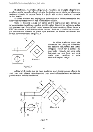 Antonio Clélio Ribeiro, Mauro Pedro Peres, Nacir Izidoro                                       94


       O rebatimento mostrado na Figura 7.2 é resultante da projeção ortogonal em
um plano auxiliar paralelo à face inclinada do objeto e perpendicular ao plano que
recebeu a projeção da vista de frente. A projeção feita no plano auxiliar é chamada
de vista auxiliar.
       As vistas auxiliares são empregadas para mostrar as formas verdadeiras das
superfícies inclinadas contidas nos objetos representados.
       Como o desenho técnico tem como objetivo representar com clareza as
formas espaciais dos objetos, não tem sentido prático desenhar as partes das vistas
que aparecem com dimensões fora das suas verdadeiras grandezas. Desta forma, a
ABNT recomenda a utilização de vistas parciais, limitadas por linhas de rupturas,
que representam somente as partes que aparecem as formas verdadeiras dos
objetos, conforme mostra a Figura 7.3.

                          A

                                                                    As vistas auxiliares, como são
                                                             localizadas em posições diferentes
                                                             das posições resultantes das vistas
                                                             principais, devem ter o sentido de
                                                             observação indicado por uma seta
                                                             designada por uma letra, que será
                                                             usada para identificar a vista
                                                             resultante daquela direção.
                                      Vista de A


                         Figura 7.3

       A Figura 7.4 mostra que as vistas auxiliares, além de representar a forma do
objeto com maior clareza, permite que as cotas sejam referenciadas às verdadeiras
grandezas das dimensões cotadas.


                                                   A
                                                                   15




                                              °
                                           135
                                                                           15


                                                                                 50




                                                             66
                                                                                20
                15




                                      76
                  R1
                     0                                                           15

                                           30

                                                                  Vista de A
                                                   50
                25




                              30


                                                   Figura 7.4




                                                        94
 
