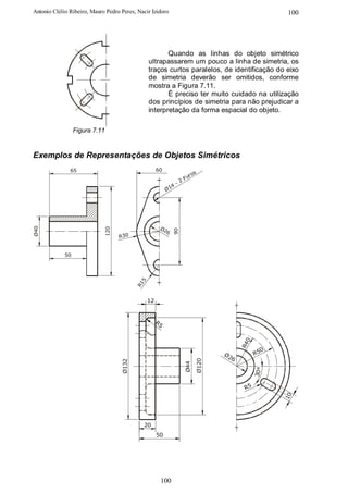 Antonio Clélio Ribeiro, Mauro Pedro Peres, Nacir Izidoro                                            100




                                                        Quando as linhas do objeto simétrico
                                                 ultrapassarem um pouco a linha de simetria, os
                                                 traços curtos paralelos, de identificação do eixo
                                                 de simetria deverão ser omitidos, conforme
                                                 mostra a Figura 7.11.
                                                        É preciso ter muito cuidado na utilização
                                                 dos princípios de simetria para não prejudicar a
                                                 interpretação da forma espacial do objeto.

                  Figura 7.11


Exemplos de Representações de Objetos Simétricos
               65                                     60
                                                                        s
                                                                      ro
                                                                    Fu
                                                                 -2
                                                             4
                                                           Ø1




                                                       Ø2
Ø40




                             120




                                                             90




                                                         6
                                   R30


             50
                                             5
                                           R1




                                                 12


                                                      R5
                                                                                         0
                                                                                       R4




                                                                                               0
                                                                                 Ø2          R5
                                                                                   6
                                                                          Ø120
                                    Ø132




                                                                    Ø44




                                                                                             30°




                                                                                        R5
                                                                                                   10




                                             20
                                                      50




                                                       100
 
