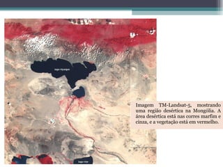 Imagem TM-Landsat-5, mostrando
uma região desértica na Mongólia. A
área desértica está nas corres marfim e
cinza, e a vegetação está em vermelho.
 