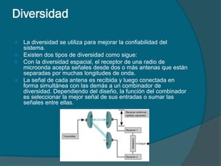 Diversidad

 La diversidad se utiliza para mejorar la confiabilidad del
  sistema.
 Existen dos tipos de diversidad como sigue:
 Con la diversidad espacial, el receptor de una radio de
  microonda acepta señales desde dos o más antenas que están
  separadas por muchas longitudes de onda.
 La señal de cada antena es recibida y luego conectada en
  forma simultánea con las demás a un combinador de
  diversidad. Dependiendo del diseño, la función del combinador
  es seleccionar la mejor señal de sus entradas o sumar las
  señales entre ellas.
 