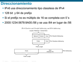 © 2006 Cisco Systems, Inc. All rights reserved. Cisco PublicITE 1 Chapter 6 10
Direccionamiento
 IPv6 usa direccionamiento tipo classless de IPv4
 128 bit y 64 de prefijo
 Si el prefijo no es múltiplo de 16 se completa con 0´s
 2000:1234:5678:9A00:/56 y se usa /64 en lugar de /56
 
