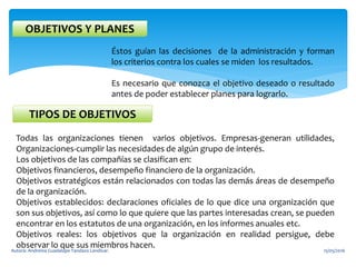 OBJETIVOS Y PLANES
Éstos guían las decisiones de la administración y forman
los criterios contra los cuales se miden los resultados.
Es necesario que conozca el objetivo deseado o resultado
antes de poder establecer planes para lograrlo.
TIPOS DE OBJETIVOS
Todas las organizaciones tienen varios objetivos. Empresas-generan utilidades,
Organizaciones-cumplir las necesidades de algún grupo de interés.
Los objetivos de las compañías se clasifican en:
Objetivos financieros, desempeño financiero de la organización.
Objetivos estratégicos están relacionados con todas las demás áreas de desempeño
de la organización.
Objetivos establecidos: declaraciones oficiales de lo que dice una organización que
son sus objetivos, así como lo que quiere que las partes interesadas crean, se pueden
encontrar en los estatutos de una organización, en los informes anuales etc.
Objetivos reales: los objetivos que la organización en realidad persigue, debe
observar lo que sus miembros hacen.
15/05/2016Autora: Andreina Guadalupe Tandazo Landivar.
 