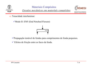 PP Camanho 7.14
Materiais Compósitos
Ensaios mecânicos em materiais compósitosEnsaios mecânicos em materiais compósitos
⇒ Tenacidade interlaminar:
Modo II: ENF (End Notched Flexure)
Propagação instável de fendas para comprimentos de fenda pequenos.
Efeitos de fricção entre as faces da fenda.
 