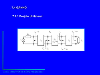TE 043 CIRCUITOS DE RÁDIO-FREQÜÊNCIA
7.4 GANHO
7.4 GANHO
7.4.1 Projeto Unilateral
 