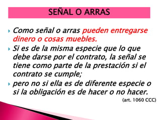  Como señal o arras pueden entregarse
dinero o cosas muebles.
 Si es de la misma especie que lo que
debe darse por el contrato, la señal se
tiene como parte de la prestación si el
contrato se cumple;
 pero no si ella es de diferente especie o
si la obligación es de hacer o no hacer.
(art. 1060 CCC)
SEÑAL O ARRAS
 