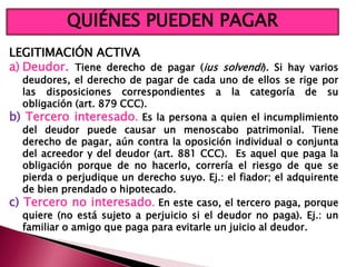 LEGITIMACIÓN ACTIVA
a) Deudor. Tiene derecho de pagar (ius solvendi). Si hay varios
deudores, el derecho de pagar de cada uno de ellos se rige por
las disposiciones correspondientes a la categoría de su
obligación (art. 879 CCC).
b) Tercero interesado. Es la persona a quien el incumplimiento
del deudor puede causar un menoscabo patrimonial. Tiene
derecho de pagar, aún contra la oposición individual o conjunta
del acreedor y del deudor (art. 881 CCC). Es aquel que paga la
obligación porque de no hacerlo, correría el riesgo de que se
pierda o perjudique un derecho suyo. Ej.: el fiador; el adquirente
de bien prendado o hipotecado.
c) Tercero no interesado. En este caso, el tercero paga, porque
quiere (no está sujeto a perjuicio si el deudor no paga). Ej.: un
familiar o amigo que paga para evitarle un juicio al deudor.
QUIÉNES PUEDEN PAGAR
 