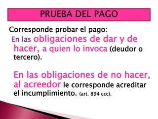 Corresponde probar el pago:
En las obligaciones de dar y de
hacer, a quien lo invoca (deudor o
tercero).
En las obligaciones de no hacer,
al acreedor le corresponde acreditar
el incumplimiento. (art. 894 ccc).
 