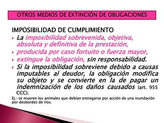 IMPOSIBILIDAD DE CUMPLIMIENTO
 La imposibilidad sobrevenida, objetiva,
absoluta y definitiva de la prestación,
 producida por caso fortuito o fuerza mayor,
 extingue la obligación, sin responsabilidad.
 Si la imposibilidad sobreviene debido a causas
imputables al deudor, la obligación modifica
su objeto y se convierte en la de pagar un
indemnización de los daños causados (art. 955
CCC).
Ej.: se mueren los animales que debían entregarse por acción de una inundación
por desbordes de ríos.
 