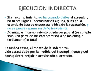  Si el incumplimiento no ha causado daños al acreedor,
no habrá lugar a indemnización alguna, pues en la
esencia de ésta se encuentra la idea de la reparación, y
no se puede reparar un daño inexistente.
 Además, el incumplimiento puede ser parcial (se cumple
sólo una parte de los compromisos o se los cumple
tardíamente) o total.
En ambos casos, el monto de la indemniza-
ción estará dado por la medida del incumplimiento y del
consiguiente perjuicio ocasionado al acreedor.
 