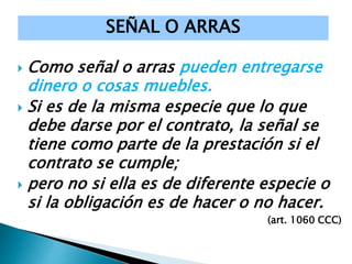  Como señal o arras pueden entregarse
dinero o cosas muebles.
 Si es de la misma especie que lo que
debe darse por el contrato, la señal se
tiene como parte de la prestación si el
contrato se cumple;
 pero no si ella es de diferente especie o
si la obligación es de hacer o no hacer.
(art. 1060 CCC)
SEÑAL O ARRAS
 
