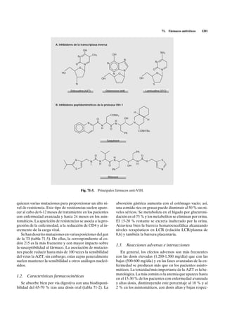 71.   Fármacos antivíricos   1201



                         A. Inhibidores de la transcriptasa inversa

                                                  OH
                                                                                                                                             NH2
                                                           CH3                              OH
                                             N
                                                                                                        N
                                                                                                                                         N
                                         O        N                                N
                                             O
                                                                                                        N                            O       N
                             HO                                                             N     O                                      O

                                                                             OH                                            OH

                                         N                                                                                           S

                                     Zidovudina (AZT)                             Didanosina (ddl)                              Lamivudina (3TC)




                         B. Inhibidores peptidomiméticos de la proteasa VIH-1

                                                                                                                  H
                                                                                       CONH2
                                                                    O                                   OH                       H
                                                                    II                       H
                                                       N                                     N                    N
                                                                         N             II
                                                                         H             O
                                                                                                                       CONH'Bu
                                                                                                        Ph

                                                                                   Saquinavir



                                                                                                                      Ph
                                                               O                                                           O
                                                               II                           H                              II
                                         N                               N                  N                         N         O            S
                                                           N
                                                                         H          II                                H
                                                                                    O                        OH
                                         S                                                  Ph                                               N

                                                                                   Ritonavir




                                                 Fig. 71-5. Principales fármacos anti-VIH.


quieren varias mutaciones para proporcionar un alto ni-                                          absorción gástrica aumenta con el estómago vacío; así,
vel de resistencia. Este tipo de resistencias suelen apare-                                      una comida rica en grasas puede disminuir al 50 % sus ni-
cer al cabo de 6-12 meses de tratamiento en los pacientes                                        veles séricos. Se metaboliza en el hígado por glucuroni-
con enfermedad avanzada y hasta 24 meses en los asin-                                            dación en el 75 % y los metabolitos se eliminan por orina.
tomáticos. La aparición de resistencias se asocia a la pro-                                      El 15-20 % restante se excreta inalterado por la orina.
gresión de la enfermedad, a la reducción de CD4 y al in-                                         Atraviesa bien la barrera hematoencefálica alcanzando
cremento de la carga viral.                                                                      niveles terapéuticos en LCR (relación LCR/plasma de
   Se han descrito mutaciones en varias posiciones del gen                                       0,6) y también la barrera placentaria.
de la TI (tabla 71-5). De ellas, la correspondiente al co-
dón 215 es la más frecuente y con mayor impacto sobre
                                                                                                 1.3.       Reacciones adversas e interacciones
la susceptibilidad al fármaco. La asociación de mutacio-
nes puede reducir hasta más de 100 veces la sensibilidad                                            En general, los efectos adversos son más frecuentes
del virus la AZT; sin embargo, estas cepas generalmente                                          con las dosis elevadas (1.200-1.500 mg/día) que con las
suelen mantener la sensibilidad a otros análogos nucleó-                                         bajas (500-600 mg/día) y en las fases avanzadas de la en-
sidos.                                                                                           fermedad se producen más que en los pacientes asinto-
                                                                                                 máticos. La toxicidad más importante de la AZT es la he-
                                                                                                 matológica. La más común es la anemia que aparece hasta
1.2. Características farmacocinéticas
                                                                                                 en el 15-30 % de los pacientes con enfermedad avanzada
   Se absorbe bien por vía digestiva con una biodisponi-                                         y altas dosis, disminuyendo este porcentaje al 10 % y al
bilidad del 65-70 % tras una dosis oral (tabla 71-2). La                                         2 % en los asintomáticos, con dosis altas y bajas respec-
 