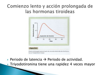    Periodo de latencia  Periodo de actividad.
   Triyodotironina tiene una rapidez 4 veces mayor
 