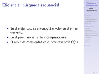 B´usquedas y
Ordenamientos
Angel
V´azquez-Pati˜no
B´usqueda
Utilidad
B´usqueda secuencial
B´usqueda binaria
Eﬁciencia
Ordenamiento
Utilidad
Clasiﬁcaci´on
Algoritmo de burbuja
Algoritmo de selecci´on
Algoritmo de inserci´on
Eﬁciencia
Burbuja
Selecci´on
Inserci´on
Fuentes
Eﬁciencia: b´usqueda secuencial
En el mejor caso se encontrar´a el valor en el primer
elemento.
En el peor caso se har´an n comparaciones.
El orden de complejidad en el peor caso ser´ıa O(n).
15 / 53
 