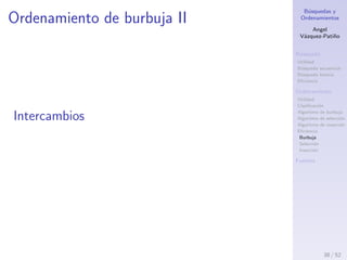 B´usquedas y
Ordenamientos
Angel
V´azquez-Pati˜no
B´usqueda
Utilidad
B´usqueda secuencial
B´usqueda binaria
Eﬁciencia
Ordenamiento
Utilidad
Clasiﬁcaci´on
Algoritmo de burbuja
Algoritmo de selecci´on
Algoritmo de inserci´on
Eﬁciencia
Burbuja
Selecci´on
Inserci´on
Fuentes
Ordenamiento de burbuja I
Comparaciones
Para ordenar un arreglo de n elementos, el n´umero
de comparaciones siempre es:
c(n) = (n −1)+(n −2)+· · ·+2+1 =
n × (n − 1)
2
c(n) no depende del orden de los t´erminos, sino del
n´umero de t´erminos:
O(c(n)) = n2
Por lo tanto la cota ajustada asint´otica del n´umero
de comparaciones pertenece al orden de n cuadrado.
38 / 53
 