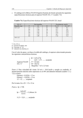 Capítulo 7: Diseño del Riego por Aspersión110
c. El catálogo de la fábrica NAAN Irrigation Systems de Isrrael, presenta las siguientes
especificaciones técnicas para el aspersor NAAN 323, ¾” (cuadro 7.6)
Cuadro 7.6. Especificaciones técnicas del aspersor NAAN 323, Israel
323, ¾” Dos boquillas Precipitación, mm/hr
Boquilla, mm P Q D 9 x 12 12 x 12*
4,5 x 2,5 1,5
2,0
2,5
3,0
3,5
4,0
1,17
1,36
1,52
1,65
1,79
1,90
21
24
25
26
27
27
10,9
12,7
14,1
15,4
16,7
17,6
8,1
9,4
10,6
11,5
12,4
13,2
4,8 x 3,2
*.- Ea x El, m
P = presión de trabajo, atm
Q = descarga, m3
/ hr
D = diámetro de cobertura, m
Con el valor de qmax y en base a la tabla del catálogo, el aspersor seleccionado presenta
las siguientes características técnicas:
Q = 1,65 m3
/hr
1,65 < 1,73 ....... aceptado
Aspersor NAAN P = 3,0 atm
323, ¾” D = 26,0 m
Boquillas = 4,5 x 2,5 mm
Punto d. Para velocidad del viento 3,0 m/s = 10,8 km/hr y arreglo en cuadrado, el
distanciamiento máximo entre aspersores es el 50% del diámetro húmedo (cuadros 7,1 y
7,2); es decir:
Ea(max) = 0,5(26) = 13 m
El(max) = 0,5(26) = 13 m
13 > 12 ........ aceptado
Por lo tanto, Ea x El = 12 x 12 m
Punto e. Ip  VIb
Ip = hrmm
x
x
/46,11
1212
1065,1 3

11,5 < 12,0 ........ aceptado
 