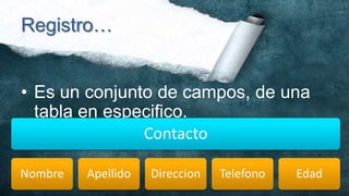 Registro…


• Es un conjunto de campos, de una
  tabla en especifico.
               Contacto

Nombre   Apellido   Direccion   Telefono   Edad
 