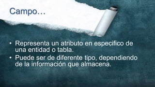 Campo…


• Representa un atributo en especifico de
  una entidad o tabla.
• Puede ser de diferente tipo, dependiendo
  de la información que almacena.
 