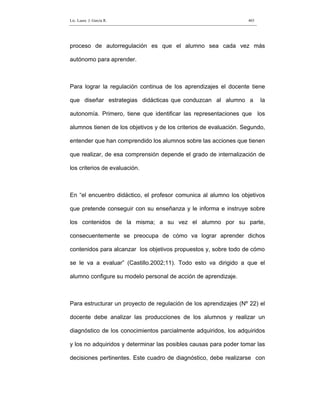 Lic. Laura J. García R.                                            403




proceso de autorregulación es que el alumno sea cada vez más

autónomo para aprender.



Para lograr la regulación continua de los aprendizajes el docente tiene

que diseñar estrategias didácticas que conduzcan al alumno a             la

autonomía. Primero, tiene que identificar las representaciones que los

alumnos tienen de los objetivos y de los criterios de evaluación. Segundo,

entender que han comprendido los alumnos sobre las acciones que tienen

que realizar, de esa comprensión depende el grado de internalización de

los criterios de evaluación.



En “el encuentro didáctico, el profesor comunica al alumno los objetivos

que pretende conseguir con su enseñanza y le informa e instruye sobre

los contenidos de la misma; a su vez el alumno por su parte,

consecuentemente se preocupa de cómo va lograr aprender dichos

contenidos para alcanzar los objetivos propuestos y, sobre todo de cómo

se le va a evaluar” (Castillo.2002;11). Todo esto va dirigido a que el

alumno configure su modelo personal de acción de aprendizaje.



Para estructurar un proyecto de regulación de los aprendizajes (Nº 22) el

docente debe analizar las producciones de los alumnos y realizar un

diagnóstico de los conocimientos parcialmente adquiridos, los adquiridos

y los no adquiridos y determinar las posibles causas para poder tomar las

decisiones pertinentes. Este cuadro de diagnóstico, debe realizarse con
 