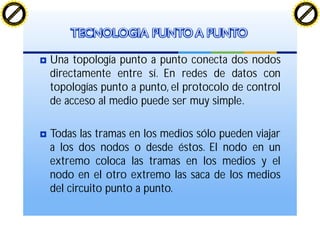 Una topología punto a punto conecta dos nodos
directamente entre sí. En redes de datos con
topologías punto a punto, el protocolo de control
de acceso al medio puede ser muy simple.
Todas las tramas en los medios sólo pueden viajar
a los dos nodos o desde éstos. El nodo en un
extremo coloca las tramas en los medios y el
nodo en el otro extremo las saca de los medios
del circuito punto a punto.
TECNOLOGIA PUNTO A PUNTO
C
lick
to
buy
N
O
W
!
PDF-XChange
w
w
w
.docu-track.c
o
m
C
lick
to
buy
N
O
W
!
PDF-XChange
w
w
w
.docu-track.c
o
m
 