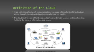 • It is a collection of network computerization resources, which clients of the cloud can
access through the network, based on the client-server model.
• The cloud itself is a set of hardware and software, storage, services and interface that
facilitate the entry of information as a service
Definition of the Cloud
 