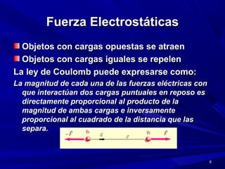 Fuerza ElectrostáticasFuerza Electrostáticas
Objetos con cargas opuestas se atraenObjetos con cargas opuestas se atraen
Objetos con cargas iguales se repelenObjetos con cargas iguales se repelen
La ley de Coulomb puede expresarse como:La ley de Coulomb puede expresarse como:
La magnitud de cada una de las fuerzas eléctricas conLa magnitud de cada una de las fuerzas eléctricas con
que interactúan dos cargas puntuales en reposo esque interactúan dos cargas puntuales en reposo es
directamente proporcional al producto de ladirectamente proporcional al producto de la
magnitud de ambas cargas e inversamentemagnitud de ambas cargas e inversamente
proporcional al cuadrado de la distancia que lasproporcional al cuadrado de la distancia que las
separa.separa.
66
 