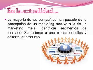  La mayoría de las compañías han pasado de la
concepción de un marketing masivo a la de un
marketing meta: identificar segmentos de
mercado. Seleccionar a uno o mas de ellos y
desarrollar productos y programas de marketing.
 