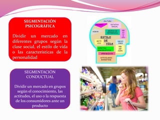 SEGMENTACIÓN
PSICOGRÁFICA
Dividir un mercado en
diferentes grupos según la
clase social, el estilo de vida
o las características de la
personalidad
SEGMENTACIÓN
CONDUCTUAL
Dividir un mercado en grupos
según el conocimiento, las
actitudes, el uso o la respuesta
de los consumidores ante un
producto
 