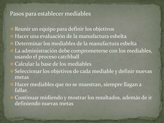 Pasos para establecer mediables

 Reunir un equipo para definir los objetivos
 Hacer una evaluación de la manufactura esbelta
 Determinar los mediables de la manufactura esbelta
 La administración debe comprometerse con los mediables,
  usando el proceso catchball
 Calcular la base de los mediables
 Seleccionar los objetivos de cada mediable y definir nuevas
  metas
 Hacer mediables que no se muestran, siempre llagan a
  fallar.
 Continuar midiendo y mostrar los resultados, además de ir
  definiendo nuevas metas
 