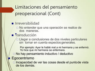 Limitaciones del pensamiento
preoperacional (Cont)
 Irreversibilidad
 No entender que una operación se realice de
dos maneras.
 Transducción
 Llegar a conclusiones de dos niveles particulares
sin tomar en cuenta espectosgenerales.

Por ejemplo: Ayer le hablé mal a mi hermana y se enfermó.
Yo hice que mi hermana se enfermara.
 No hay pensamiento inductivo / deductivo
 Egocentrismo
 Incapacidad de ver las cosas desde el puntode vista
de los demás.
 