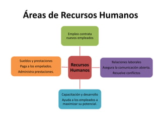Áreas de Recursos Humanos
Recursos
Humanos
Empleo contrata
nuevos empleados
Relaciones laborales
Asegura la comunicación abierta.
Resuelve conflictos
Capacitación y desarrollo
Ayuda a los empleados a
maximizar su potencial.
Sueldos y prestaciones
Paga a los empelados.
Administra prestaciones.
 