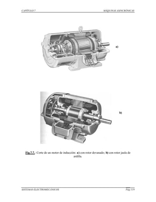 CAPÍTULO 7 MÁQUINAS ASINCRÓNICAS
SISTEMAS ELECTROMECÁNICOS Pág 119
Fig.7.7.: Corte de un motor de inducción: a) con rotor devanado; b) con rotor jaula de
ardilla.
a)
b)
 