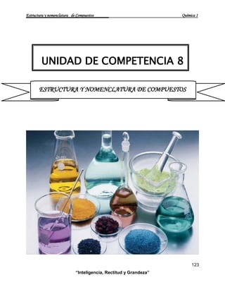 Estructura y nomenclatura de Compuestos Química 1
123
“Inteligencia, Rectitud y Grandeza”
UNIDAD DE COMPETENCIA 8
ESTRUCTURA Y NOMENCLATURA DE COMPUESTOS
 