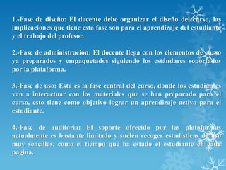 1.-Fase de diseño: El docente debe organizar el diseño del curso, las
implicaciones que tiene esta fase son para el aprendizaje del estudiante
y el trabajo del profesor.
2.-Fase de administración: El docente llega con los elementos de curso
ya preparados y empaquetados siguiendo los estándares soportados
por la plataforma.
3.-Fase de uso: Esta es la fase central del curso, donde los estudiantes
van a interactuar con los materiales que se han preparado para el
curso, esto tiene como objetivo lograr un aprendizaje activo para el
estudiante.
4.-Fase de auditoria: El soporte ofrecido por las plataformas
actualmente es bastante limitado y suelen recoger estadísticas de uso
muy sencillas, como el tiempo que ha estado el estudiante en cada
pagina.
 