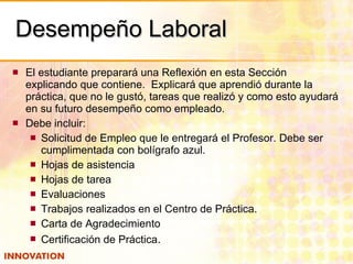 Desempeño Laboral El estudiante preparará una Reflexión en esta Sección explicando que contiene.  Explicará que aprendió durante la práctica, que no le gustó, tareas que realizó y como esto ayudará en su futuro desempeño como empleado. Debe incluir: Solicitud de Empleo que le entregará el Profesor. Debe ser cumplimentada con bolígrafo azul. Hojas de asistencia Hojas de tarea Evaluaciones Trabajos realizados en el Centro de Práctica. Carta de Agradecimiento Certificación de Práctica . 