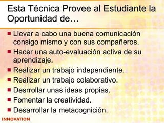 Esta Técnica Provee al Estudiante la Oportunidad de… Llevar a cabo una buena comunicación consigo mismo y con sus compañeros. Hacer una auto-evaluación activa de su aprendizaje. Realizar un trabajo independiente. Realizar un trabajo colaborativo. Desrrollar unas ideas propias. Fomentar la creatividad. Desarrollar la metacognición. 