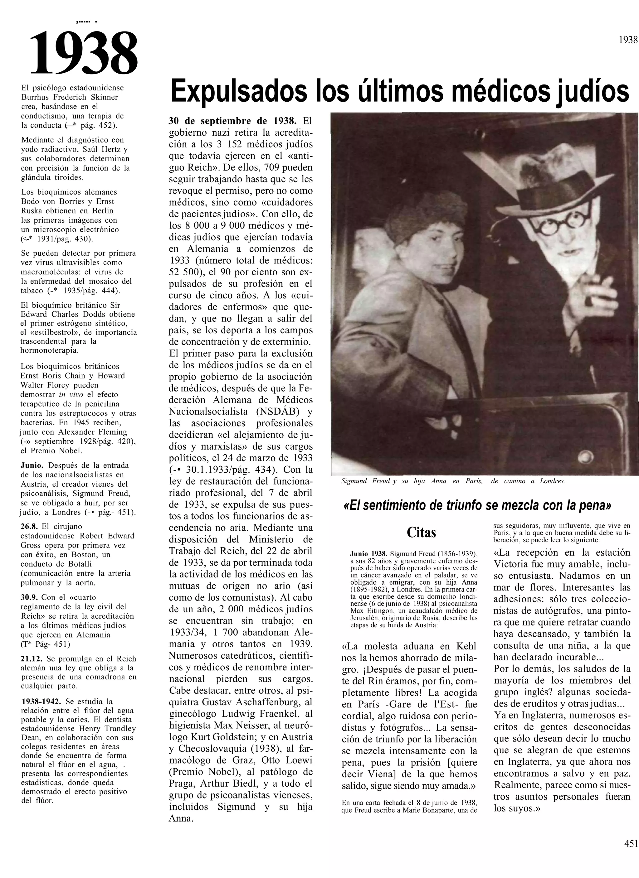 ,..... .



 1938
El psicólogo estadounidense
Burrhus Frederich Skinner           Expulsados los últimos médicos judíos
                                                                                                                                                                   1938




crea, basándose en el
conductismo, una terapia de
la conducta (— pág. 452).
             . *                    30 de septiembre de 1938. El
                                    gobierno nazi retira la acredita-
Mediante el diagnóstico con
yodo radiactivo, Saúl Hertz y
                                    ción a los 3 152 médicos judíos
sus colaboradores determinan        que todavía ejercen en el «anti-
con precisión la función de la      guo Reich». De ellos, 709 pueden
glándula tiroides.                  seguir trabajando hasta que se les
Los bioquímicos alemanes            revoque el permiso, pero no como
Bodo von Borries y Ernst            médicos, sino como «cuidadores
Ruska obtienen en Berlín            de pacientes judíos». Con ello, de
las primeras imágenes con
un microscopio electrónico          los 8 000 a 9 000 médicos y mé-
(<-* 1931/pág. 430).                dicas judíos que ejercían todavía
Se pueden detectar por primera      en Alemania a comienzos de
vez virus ultravisibles como        1933 (número total de médicos:
macromoléculas: el virus de         52 500), el 90 por ciento son ex-
la enfermedad del mosaico del       pulsados de su profesión en el
tabaco (-* 1935/pág. 444).
                                    curso de cinco años. A los «cui-
El bioquímico británico Sir         dadores de enfermos» que que-
Edward Charles Dodds obtiene
el primer estrógeno sintético,      dan, y que no llegan a salir del
el «estilbestrol», de importancia   país, se los deporta a los campos
trascendental para la               de concentración y de exterminio.
hormonoterapia.                     El primer paso para la exclusión
Los bioquímicos británicos          de los médicos judíos se da en el
Ernst Boris Chain y Howard          propio gobierno de la asociación
Walter Florey pueden                de médicos, después de que la Fe-
demostrar in vivo el efecto
terapéutico de la penicilina        deración Alemana de Médicos
contra los estreptococos y otras    Nacionalsocialista (NSDÁB) y
bacterias. En 1945 reciben,         las asociaciones profesionales
junto con Alexander Fleming         decidieran «el alejamiento de ju-
(-» septiembre 1928/pág. 420),
el Premio Nobel.                    díos y marxistas» de sus cargos
                                    políticos, el 24 de marzo de 1933
Junio. Después de la entrada
de los nacionalsocialistas en
                                    (-• 30.1.1933/pág. 434). Con la
Austria, el creador vienes del      ley de restauración del funciona-     Sigmund Freud y su hija Anna en París,           de camino a Londres.
psicoanálisis, Sigmund Freud,       riado profesional, del 7 de abril
se ve obligado a huir, por ser
judío, a Londres (-• pág.- 451).
                                    de 1933, se expulsa de sus pues-      «El sentimiento de triunfo se mezcla con la pena»
                                    tos a todos los funcionarios de as-
26.8. El cirujano                   cendencia no aria. Mediante una                                                        sus seguidoras, muy influyente, que vive en
estadounidense Robert Edward        disposición del Ministerio de
                                                                                               Citas                       París, y a la que en buena medida debe su li-
                                                                                                                           beración, se puede leer lo siguiente:
Gross opera por primera vez
con éxito, en Boston, un            Trabajo del Reich, del 22 de abril      Junio 1938. Sigmund Freud (1856-1939),         «La recepción en la estación
                                    de 1933, se da por terminada toda       a sus 82 años y gravemente enfermo des-
conducto de Botalli                                                         pués de haber sido operado varias veces de     Victoria fue muy amable, inclu-
(comunicación entre la arteria      la actividad de los médicos en las      un cáncer avanzado en el paladar, se ve        so entusiasta. Nadamos en un
pulmonar y la aorta.                                                        obligado a emigrar, con su hija Anna
                                    mutuas de origen no ario (así           (1895-1982), a Londres. En la primera car-     mar de flores. Interesantes las
30.9. Con el «cuarto                como de los comunistas). Al cabo        ta que escribe desde su domicilio londi-       adhesiones: sólo tres coleccio-
reglamento de la ley civil del                                              nense (6 de junio de 1938) al psicoanalista
                                    de un año, 2 000 médicos judíos         Max Eitingon, un acaudalado médico de          nistas de autógrafos, una pinto-
Reich» se retira la acreditación                                            Jerusalén, originario de Rusia, describe las
a los últimos médicos judíos        se encuentran sin trabajo; en           etapas de su huida de Austria:                 ra que me quiere retratar cuando
que ejercen en Alemania             1933/34, 1 700 abandonan Ale-                                                          haya descansado, y también la
(T* Pág- 451)                       mania y otros tantos en 1939.         «La molesta aduana en Kehl                       consulta de una niña, a la que
21.12. Se promulga en el Reich      Numerosos catedráticos, científi-     nos la hemos ahorrado de mila-                   han declarado incurable...
alemán una ley que obliga a la      cos y médicos de renombre inter-      gro. ¡Después de pasar el puen-                  Por lo demás, los saludos de la
presencia de una comadrona en       nacional pierden sus cargos.                                                           mayoría de los miembros del
cualquier parto.                                                          te del Rin éramos, por fin, com-
                                    Cabe destacar, entre otros, al psi-   pletamente libres! La acogida                    grupo inglés? algunas socieda-
1938-1942. Se estudia la            quiatra Gustav Aschaffenburg, al      en París -Gare de l'Est- fue                     des de eruditos y otras judías...
relación entre el flúor del agua    ginecólogo Ludwig Fraenkel, al
potable y la caries. El dentista                                          cordial, algo ruidosa con perio-                 Ya en Inglaterra, numerosos es-
estadounidense Henry Trandley       higienista Max Neisser, al neuró-     distas y fotógrafos... La sensa-                 critos de gentes desconocidas
Dean, en colaboración con sus       logo Kurt Goldstein; y en Austria     ción de triunfo por la liberación                que sólo desean decir lo mucho
colegas residentes en áreas         y Checoslovaquia (1938), al far-                                                       que se alegran de que estemos
donde Se encuentra de forma                                               se mezcla intensamente con la
natural el flúor en el agua, .      macólogo de Graz, Otto Loewi          pena, pues la prisión [quiere                    en Inglaterra, ya que ahora nos
presenta las correspondientes       (Premio Nobel), al patólogo de        decir Viena] de la que hemos                     encontramos a salvo y en paz.
estadísticas, donde queda           Praga, Arthur Biedl, y a todo el      salido, sigue siendo muy amada.»                 Realmente, parece como si nues-
demostrado el erecto positivo       grupo de psicoanalistas vieneses,
del flúor.                                                                                                                 tros asuntos personales fueran
                                                                          En una carta fechada el 8 de junio de 1938,
                                    incluidos Sigmund y su hija           que Freud escribe a Marie Bonaparte, una de      los suyos.»
                                    Anna.

                                                                                                                                                                     451
 