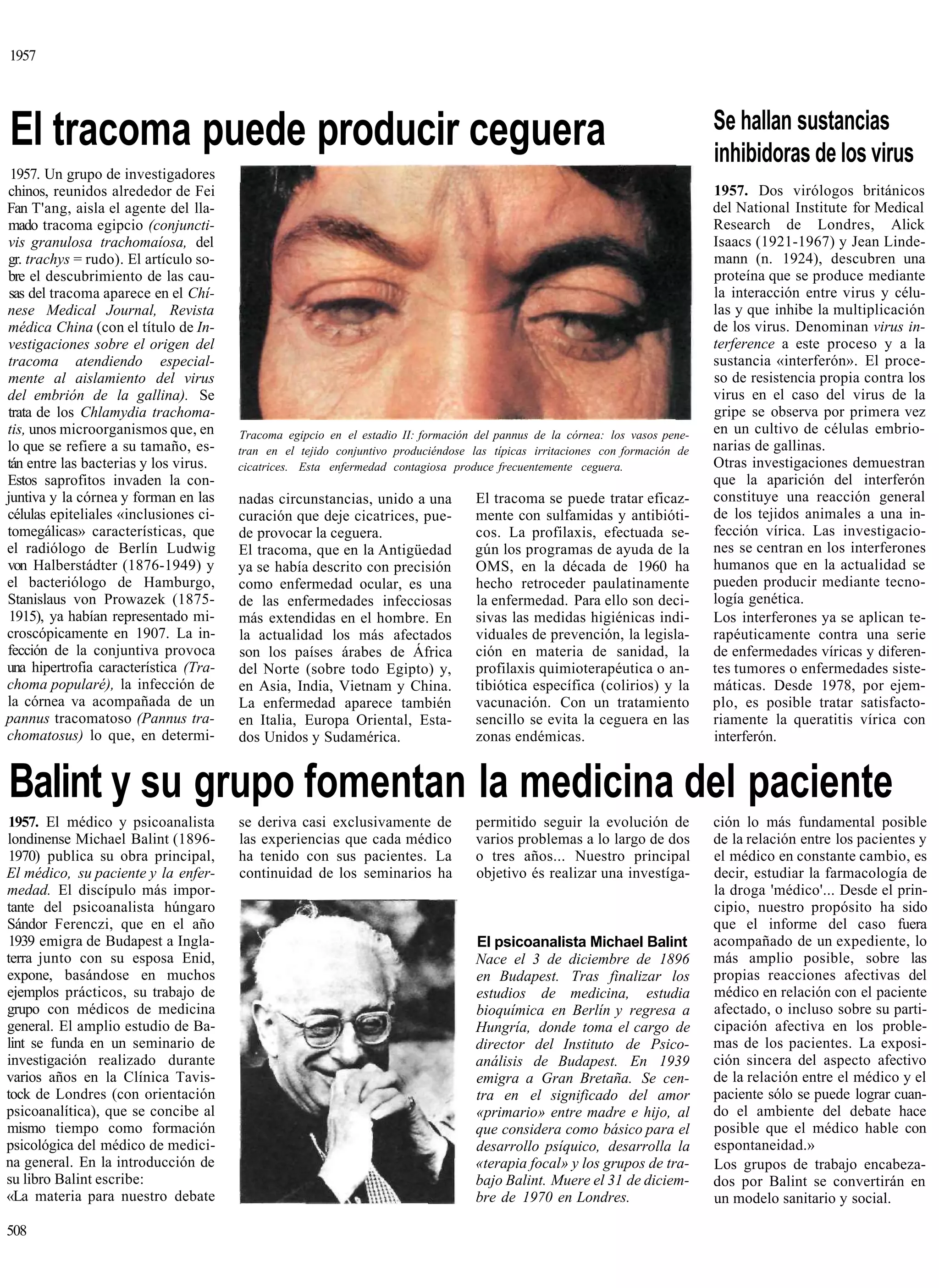 1957



                                                                                                                              Se hallan sustancias
El tracoma puede producir ceguera                                                                                             inhibidoras de los virus
 1957. Un grupo de investigadores
chinos, reunidos alrededor de Fei                                                                                             1957. Dos virólogos británicos
Fan T'ang, aisla el agente del lla-                                                                                           del National Institute for Medical
mado tracoma egipcio (conjuncti-                                                                                              Research de Londres, Alick
vis granulosa trachomaíosa, del                                                                                               Isaacs (1921-1967) y Jean Linde-
gr. trachys = rudo). El artículo so-                                                                                          mann (n. 1924), descubren una
bre el descubrimiento de las cau-                                                                                             proteína que se produce mediante
 sas del tracoma aparece en el Chí-                                                                                           la interacción entre virus y célu-
nese Medical Journal, Revista                                                                                                 las y que inhibe la multiplicación
médica China (con el título de In-                                                                                            de los virus. Denominan virus in-
vestigaciones sobre el origen del                                                                                             terference a este proceso y a la
tracoma atendiendo especial-                                                                                                  sustancia «interferón». El proce-
mente al aislamiento del virus                                                                                                so de resistencia propia contra los
del embrión de la gallina). Se                                                                                                virus en el caso del virus de la
trata de los Chlamydia trachoma-                                                                                              gripe se observa por primera vez
tis, unos microorganismos que, en      Tracoma egipcio en el estadio II: formación del pannus de la córnea: los vasos pene-   en un cultivo de células embrio-
lo que se refiere a su tamaño, es-     tran en el tejido conjuntivo produciéndose las típicas irritaciones con formación de   narias de gallinas.
tán entre las bacterias y los virus.   cicatrices. Esta enfermedad contagiosa produce frecuentemente ceguera.                 Otras investigaciones demuestran
Estos saprofitos invaden la con-                                                                                              que la aparición del interferón
juntiva y la córnea y forman en las    nadas circunstancias, unido a una           El tracoma se puede tratar eficaz-         constituye una reacción general
células epiteliales «inclusiones ci-   curación que deje cicatrices, pue-          mente con sulfamidas y antibióti-          de los tejidos animales a una in-
tomegálicas» características, que      de provocar la ceguera.                     cos. La profilaxis, efectuada se-          fección vírica. Las investigacio-
el radiólogo de Berlín Ludwig          El tracoma, que en la Antigüedad            gún los programas de ayuda de la           nes se centran en los interferones
von Halberstádter (1876-1949) y        ya se había descrito con precisión          OMS, en la década de 1960 ha               humanos que en la actualidad se
el bacteriólogo de Hamburgo,           como enfermedad ocular, es una              hecho retroceder paulatinamente            pueden producir mediante tecno-
Stanislaus von Prowazek (1875-         de las enfermedades infecciosas             la enfermedad. Para ello son deci-         logía genética.
 1915), ya habían representado mi-     más extendidas en el hombre. En             sivas las medidas higiénicas indi-         Los interferones ya se aplican te-
croscópicamente en 1907. La in-        la actualidad los más afectados             viduales de prevención, la legisla-        rapéuticamente contra una serie
fección de la conjuntiva provoca       son los países árabes de África             ción en materia de sanidad, la             de enfermedades víricas y diferen-
una hipertrofia característica (Tra-   del Norte (sobre todo Egipto) y,            profilaxis quimioterapéutica o an-         tes tumores o enfermedades siste-
choma popularé), la infección de       en Asia, India, Vietnam y China.            tibiótica específica (colirios) y la       máticas. Desde 1978, por ejem-
la córnea va acompañada de un          La enfermedad aparece también               vacunación. Con un tratamiento             plo, es posible tratar satisfacto-
pannus tracomatoso (Pannus tra-        en Italia, Europa Oriental, Esta-           sencillo se evita la ceguera en las        riamente la queratitis vírica con
chomatosus) lo que, en determi-        dos Unidos y Sudamérica.                    zonas endémicas.                           interferón.


Balint y su grupo fomentan la medicina del paciente
1957. El médico y psicoanalista        se deriva casi exclusivamente de            permitido seguir la evolución de           ción lo más fundamental posible
londinense Michael Balint (1896-       las experiencias que cada médico            varios problemas a lo largo de dos         de la relación entre los pacientes y
1970) publica su obra principal,       ha tenido con sus pacientes. La             o tres años... Nuestro principal           el médico en constante cambio, es
El médico, su paciente y la enfer-     continuidad de los seminarios ha            objetivo és realizar una investíga-        decir, estudiar la farmacología de
medad. El discípulo más impor-                                                                                                la droga 'médico'... Desde el prin-
tante del psicoanalista húngaro                                                                                               cipio, nuestro propósito ha sido
Sándor Ferenczi, que en el año                                                                                                que el informe del caso fuera
1939 emigra de Budapest a Ingla-                                                   El psicoanalista Michael Balint            acompañado de un expediente, lo
terra junto con su esposa Enid,                                                    Nace el 3 de diciembre de 1896             más amplio posible, sobre las
expone, basándose en muchos                                                        en Budapest. Tras finalizar los            propias reacciones afectivas del
ejemplos prácticos, su trabajo de                                                  estudios de medicina, estudia              médico en relación con el paciente
grupo con médicos de medicina                                                      bioquímica en Berlín y regresa a           afectado, o incluso sobre su parti-
general. El amplio estudio de Ba-                                                  Hungría, donde toma el cargo de            cipación afectiva en los proble-
lint se funda en un seminario de                                                   director del Instituto de Psico-           mas de los pacientes. La exposi-
investigación realizado durante                                                    análisis de Budapest. En 1939              ción sincera del aspecto afectivo
varios años en la Clínica Tavis-                                                   emigra a Gran Bretaña. Se cen-             de la relación entre el médico y el
tock de Londres (con orientación                                                   tra en el significado del amor             paciente sólo se puede lograr cuan-
psicoanalítica), que se concibe al                                                 «primario» entre madre e hijo, al          do el ambiente del debate hace
mismo tiempo como formación                                                        que considera como básico para el          posible que el médico hable con
psicológica del médico de medici-                                                  desarrollo psíquico, desarrolla la         espontaneidad.»
na general. En la introducción de                                                  «terapia focal» y los grupos de tra-       Los grupos de trabajo encabeza-
su libro Balint escribe:                                                           bajo Balint. Muere el 31 de diciem-        dos por Balint se convertirán en
«La materia para nuestro debate                                                    bre de 1970 en Londres.                    un modelo sanitario y social.

508
 