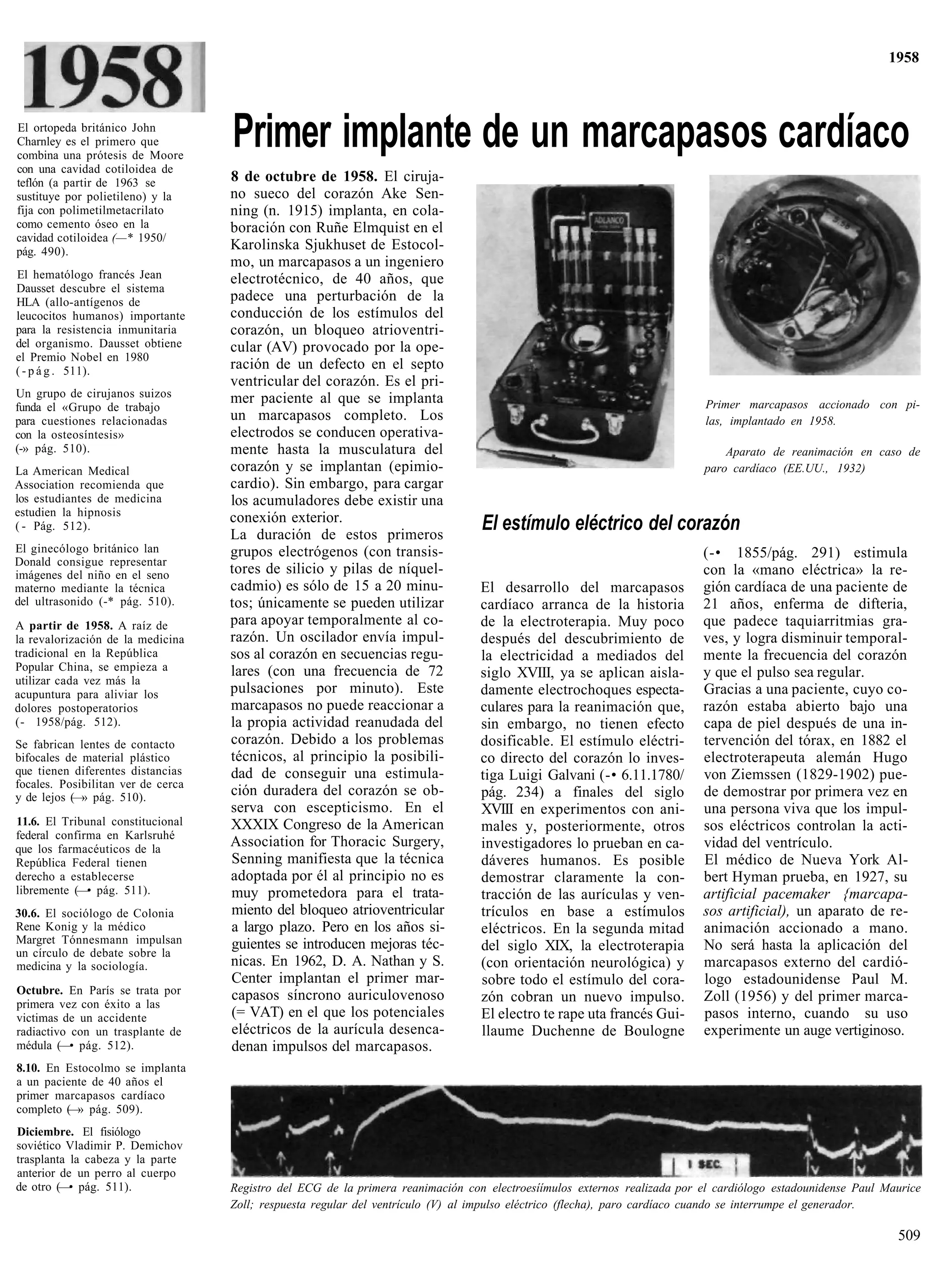 1958



El ortopeda británico John
Charnley es el primero que
combina una prótesis de Moore
                                    Primer implante de un marcapasos cardíaco
con una cavidad cotiloidea de
teflón (a partir de 1963 se         8 de octubre de 1958. El ciruja-
sustituye por polietileno) y la     no sueco del corazón Ake Sen-
fija con polimetilmetacrilato       ning (n. 1915) implanta, en cola-
como cemento óseo en la             boración con Ruñe Elmquist en el
cavidad cotiloidea (—* 1950/
pág. 490).                          Karolinska Sjukhuset de Estocol-
                                    mo, un marcapasos a un ingeniero
El hematólogo francés Jean          electrotécnico, de 40 años, que
Dausset descubre el sistema
HLA (allo-antígenos de              padece una perturbación de la
leucocitos humanos) importante      conducción de los estímulos del
para la resistencia inmunitaria     corazón, un bloqueo atrioventri-
del organismo. Dausset obtiene      cular (AV) provocado por la ope-
el Premio Nobel en 1980
( - p á g . 511).                   ración de un defecto en el septo
                                    ventricular del corazón. Es el pri-
Un grupo de cirujanos suizos        mer paciente al que se implanta
funda el «Grupo de trabajo                                                                                                  Primer marcapasos accionado con pi-
para cuestiones relacionadas        un marcapasos completo. Los                                                             las, implantado en 1958.
con la osteosíntesis»               electrodos se conducen operativa-
(-» pág. 510).                      mente hasta la musculatura del                                                             Aparato de reanimación en caso de
La American Medical                 corazón y se implantan (epimio-                                                        paro cardíaco (EE.UU., 1932)
Association recomienda que          cardio). Sin embargo, para cargar
los estudiantes de medicina         los acumuladores debe existir una
estudien la hipnosis                conexión exterior.
( - Pág. 512).
                                    La duración de estos primeros
                                                                                  El estímulo eléctrico del corazón
El ginecólogo británico lan         grupos electrógenos (con transis-                                                      (-• 1855/pág. 291) estimula
Donald consigue representar
imágenes del niño en el seno        tores de silicio y pilas de níquel-                                                    con la «mano eléctrica» la re-
materno mediante la técnica         cadmio) es sólo de 15 a 20 minu-              El desarrollo del marcapasos             gión cardíaca de una paciente de
del ultrasonido (-* pág. 510).      tos; únicamente se pueden utilizar            cardíaco arranca de la historia          21 años, enferma de difteria,
A partir de 1958. A raíz de         para apoyar temporalmente al co-              de la electroterapia. Muy poco           que padece taquiarritmias gra-
la revalorización de la medicina    razón. Un oscilador envía impul-              después del descubrimiento de            ves, y logra disminuir temporal-
tradicional en la República         sos al corazón en secuencias regu-            la electricidad a mediados del           mente la frecuencia del corazón
Popular China, se empieza a         lares (con una frecuencia de 72                                                        y que el pulso sea regular.
utilizar cada vez más la
                                                                                  siglo XVIII, ya se aplican aisla-
acupuntura para aliviar los         pulsaciones por minuto). Este                 damente electrochoques especta-          Gracias a una paciente, cuyo co-
dolores postoperatorios             marcapasos no puede reaccionar a              culares para la reanimación que,         razón estaba abierto bajo una
(- 1958/pág. 512).                  la propia actividad reanudada del             sin embargo, no tienen efecto            capa de piel después de una in-
Se fabrican lentes de contacto      corazón. Debido a los problemas               dosificable. El estímulo eléctri-        tervención del tórax, en 1882 el
bifocales de material plástico      técnicos, al principio la posibili-           co directo del corazón lo inves-         electroterapeuta alemán Hugo
que tienen diferentes distancias    dad de conseguir una estimula-                tiga Luigi Galvani (-• 6.11.1780/        von Ziemssen (1829-1902) pue-
focales. Posibilitan ver de cerca
y de lejos (—» pág. 510).           ción duradera del corazón se ob-              pág. 234) a finales del siglo            de demostrar por primera vez en
                                    serva con escepticismo. En el                 XVIII en experimentos con ani-           una persona viva que los impul-
11.6. El Tribunal constitucional    XXXIX Congreso de la American                 males y, posteriormente, otros           sos eléctricos controlan la acti-
federal confirma en Karlsruhé
que los farmacéuticos de la
                                    Association for Thoracic Surgery,             investigadores lo prueban en ca-         vidad del ventrículo.
República Federal tienen            Senning manifiesta que la técnica             dáveres humanos. Es posible              El médico de Nueva York Al-
derecho a establecerse              adoptada por él al principio no es            demostrar claramente la con-             bert Hyman prueba, en 1927, su
libremente (—• pág. 511).           muy prometedora para el trata-                tracción de las aurículas y ven-         artificial pacemaker {marcapa-
30.6. El sociólogo de Colonia       miento del bloqueo atrioventricular           trículos en base a estímulos             sos artificial), un aparato de re-
Rene Konig y la médico              a largo plazo. Pero en los años si-           eléctricos. En la segunda mitad          animación accionado a mano.
Margret Tónnesmann impulsan         guientes se introducen mejoras téc-                                                    No será hasta la aplicación del
un círculo de debate sobre la
                                                                                  del siglo XIX, la electroterapia
medicina y la sociología.           nicas. En 1962, D. A. Nathan y S.             (con orientación neurológica) y          marcapasos externo del cardió-
                                    Center implantan el primer mar-               sobre todo el estímulo del cora-         logo estadounidense Paul M.
Octubre. En París se trata por      capasos síncrono auriculovenoso
primera vez con éxito a las
                                                                                  zón cobran un nuevo impulso.             Zoll (1956) y del primer marca-
victimas de un accidente            (= VAT) en el que los potenciales             El electro te rape uta francés Gui-      pasos interno, cuando su uso
radiactivo con un trasplante de     eléctricos de la aurícula desenca-            llaume Duchenne de Boulogne              experimente un auge vertiginoso.
médula (—• pág. 512).               denan impulsos del marcapasos.
8.10. En Estocolmo se implanta
a un paciente de 40 años el
primer marcapasos cardíaco
completo ( » pág. 509).
         —
Diciembre. El fisiólogo
soviético Vladimir P. Demichov
trasplanta la cabeza y la parte
anterior de un perro al cuerpo
de otro (—• pág. 511).              Registro del ECG de la primera reanimación con electroesíímulos externos realizada por el cardiólogo estadounidense Paul Maurice
                                    Zoll; respuesta regular del ventrículo (V) al impulso eléctrico (flecha), paro cardíaco cuando se interrumpe el generador.

                                                                                                                                                               509
 