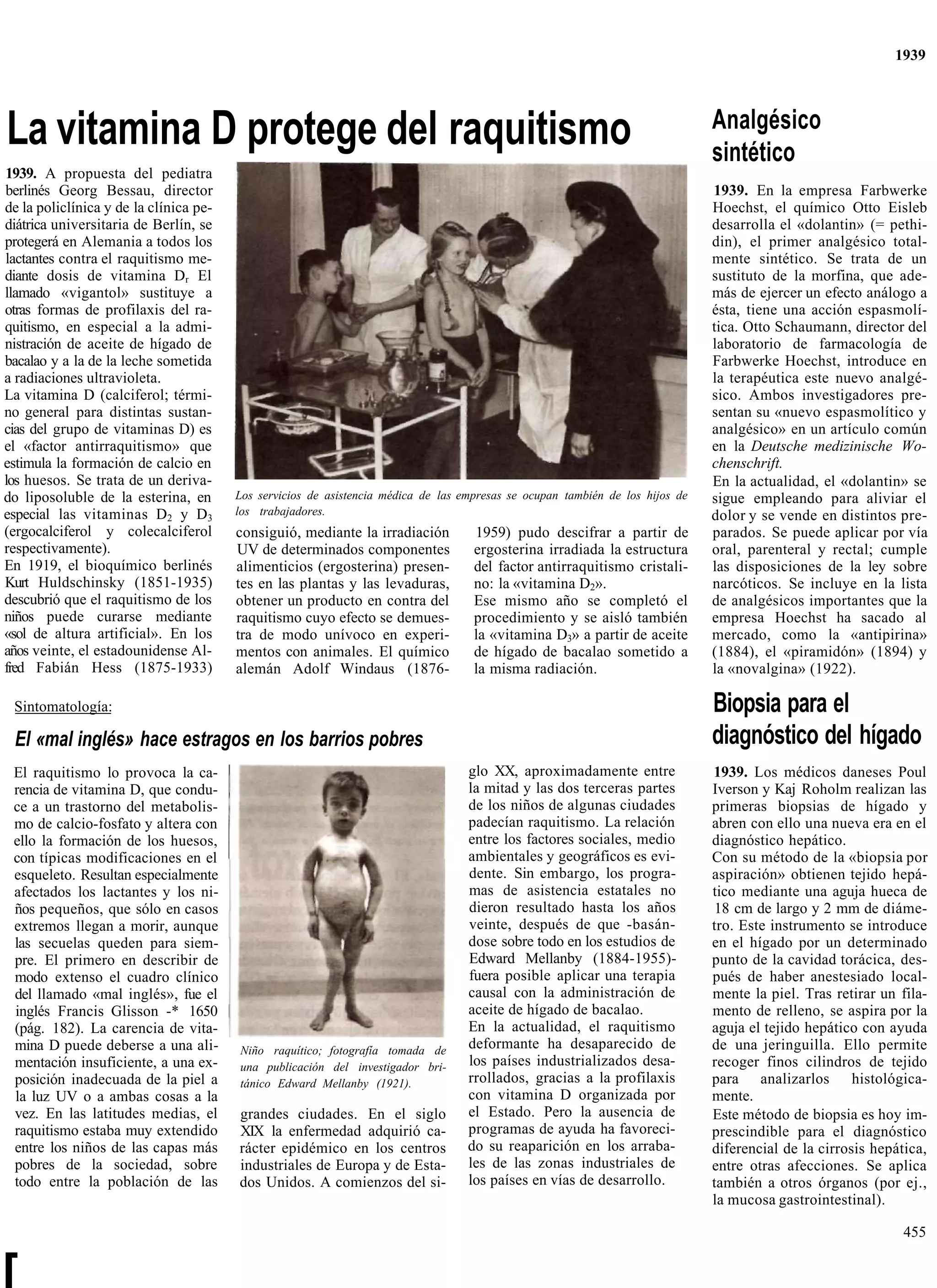 1939



                                                                                                                               Analgésico
La vitamina D protege del raquitismo                                                                                           sintético
1939. A propuesta del pediatra
berlinés Georg Bessau, director                                                                                                1939. En la empresa Farbwerke
de la policlínica y de la clínica pe-                                                                                          Hoechst, el químico Otto Eisleb
diátrica universitaria de Berlín, se                                                                                           desarrolla el «dolantin» (= pethi-
protegerá en Alemania a todos los                                                                                              din), el primer analgésico total-
lactantes contra el raquitismo me-                                                                                             mente sintético. Se trata de un
diante dosis de vitamina Dr El                                                                                                 sustituto de la morfina, que ade-
llamado «vigantol» sustituye a                                                                                                 más de ejercer un efecto análogo a
otras formas de profilaxis del ra-                                                                                             ésta, tiene una acción espasmolí-
quitismo, en especial a la admi-                                                                                               tica. Otto Schaumann, director del
nistración de aceite de hígado de                                                                                              laboratorio de farmacología de
bacalao y a la de la leche sometida                                                                                            Farbwerke Hoechst, introduce en
a radiaciones ultravioleta.                                                                                                    la terapéutica este nuevo analgé-
La vitamina D (calciferol; térmi-                                                                                              sico. Ambos investigadores pre-
no general para distintas sustan-                                                                                              sentan su «nuevo espasmolítico y
cias del grupo de vitaminas D) es                                                                                              analgésico» en un artículo común
el «factor antirraquitismo» que                                                                                                en la Deutsche medizinische Wo-
estimula la formación de calcio en                                                                                             chenschrift.
los huesos. Se trata de un deriva-                                                                                             En la actualidad, el «dolantin» se
do liposoluble de la esterina, en       Los servicios de asistencia médica de las empresas se ocupan también de los hijos de   sigue empleando para aliviar el
especial las vitaminas D2 y D3          los trabajadores.                                                                      dolor y se vende en distintos pre-
(ergocalciferol y colecalciferol        consiguió, mediante la irradiación          1959) pudo descifrar a partir de           parados. Se puede aplicar por vía
respectivamente).                       UV de determinados componentes              ergosterina irradiada la estructura        oral, parenteral y rectal; cumple
En 1919, el bioquímico berlinés         alimenticios (ergosterina) presen-          del factor antirraquitismo cristali-       las disposiciones de la ley sobre
Kurt Huldschinsky (1851-1935)           tes en las plantas y las levaduras,         no: la «vitamina D2».                      narcóticos. Se incluye en la lista
descubrió que el raquitismo de los      obtener un producto en contra del           Ese mismo año se completó el               de analgésicos importantes que la
niños puede curarse mediante            raquitismo cuyo efecto se demues-           procedimiento y se aisló también           empresa Hoechst ha sacado al
«sol de altura artificial». En los      tra de modo unívoco en experi-              la «vitamina D3» a partir de aceite        mercado, como la «antipirina»
años veinte, el estadounidense Al-      mentos con animales. El químico             de hígado de bacalao sometido a            (1884), el «piramidón» (1894) y
fred Fabián Hess (1875-1933)            alemán Adolf Windaus (1876-                 la misma radiación.                        la «novalgina» (1922).

 Sintomatología:                                                                                                               Biopsia para el
 El «mal inglés» hace estragos en los barrios pobres                                                                           diagnóstico del hígado
 El raquitismo lo provoca la ca-                                                   glo XX, aproximadamente entre               1939. Los médicos daneses Poul
 rencia de vitamina D, que condu-                                                  la mitad y las dos terceras partes          Iverson y Kaj Roholm realizan las
 ce a un trastorno del metabolis-                                                  de los niños de algunas ciudades            primeras biopsias de hígado y
 mo de calcio-fosfato y altera con                                                 padecían raquitismo. La relación            abren con ello una nueva era en el
 ello la formación de los huesos,                                                  entre los factores sociales, medio          diagnóstico hepático.
 con típicas modificaciones en el                                                  ambientales y geográficos es evi-           Con su método de la «biopsia por
 esqueleto. Resultan especialmente                                                 dente. Sin embargo, los progra-             aspiración» obtienen tejido hepá-
 afectados los lactantes y los ni-                                                 mas de asistencia estatales no              tico mediante una aguja hueca de
 ños pequeños, que sólo en casos                                                   dieron resultado hasta los años             18 cm de largo y 2 mm de diáme-
 extremos llegan a morir, aunque                                                   veinte, después de que -basán-              tro. Este instrumento se introduce
 las secuelas queden para siem-                                                    dose sobre todo en los estudios de          en el hígado por un determinado
 pre. El primero en describir de                                                   Edward Mellanby (1884-1955)-                punto de la cavidad torácica, des-
 modo extenso el cuadro clínico                                                    fuera posible aplicar una terapia           pués de haber anestesiado local-
 del llamado «mal inglés», fue el                                                  causal con la administración de             mente la piel. Tras retirar un fila-
 inglés Francis Glisson -* 1650                                                    aceite de hígado de bacalao.                mento de relleno, se aspira por la
 (pág. 182). La carencia de vita-                                                  En la actualidad, el raquitismo             aguja el tejido hepático con ayuda
 mina D puede deberse a una ali-        Niño raquítico; fotografía tomada de       deformante ha desaparecido de               de una jeringuilla. Ello permite
 mentación insuficiente, a una ex-      una publicación del investigador bri-      los países industrializados desa-           recoger finos cilindros de tejido
 posición inadecuada de la piel a       tánico Edward Mellanby (1921).             rrollados, gracias a la profilaxis          para analizarlos histológica-
 la luz UV o a ambas cosas a la                                                    con vitamina D organizada por               mente.
 vez. En las latitudes medias, el       grandes ciudades. En el siglo              el Estado. Pero la ausencia de              Este método de biopsia es hoy im-
 raquitismo estaba muy extendido        XIX la enfermedad adquirió ca-             programas de ayuda ha favoreci-             prescindible para el diagnóstico
 entre los niños de las capas más       rácter epidémico en los centros            do su reaparición en los arraba-            diferencial de la cirrosis hepática,
 pobres de la sociedad, sobre           industriales de Europa y de Esta-          les de las zonas industriales de            entre otras afecciones. Se aplica
 todo entre la población de las         dos Unidos. A comienzos del si-            los países en vías de desarrollo.           también a otros órganos (por ej.,
                                                                                                                               la mucosa gastrointestinal).

                                                                                                                                                              455


[
 