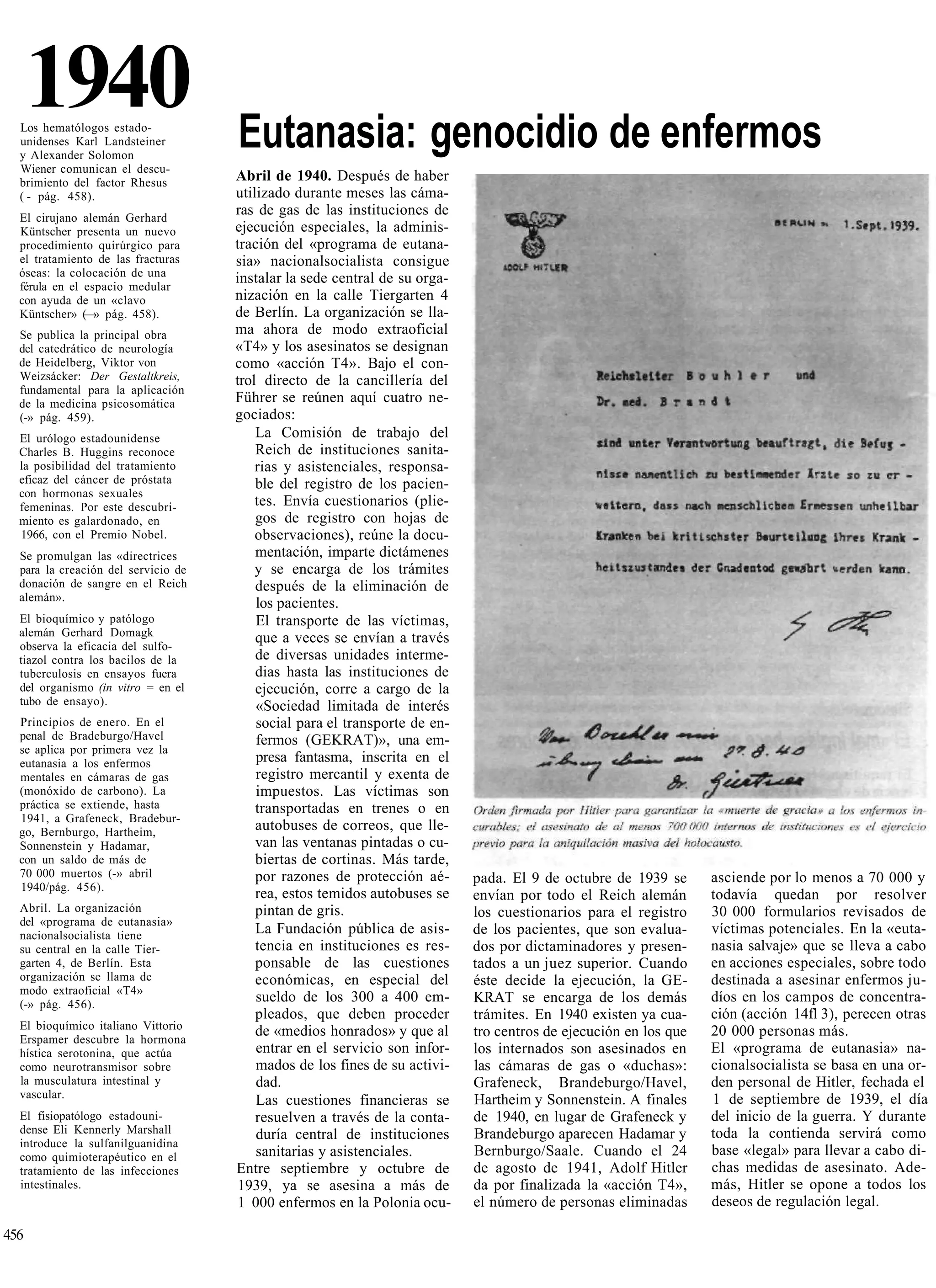 1940
  Los hematólogos estado-
  unidenses Karl Landsteiner         Eutanasia: genocidio de enfermos
  y Alexander Solomon
  Wiener comunican el descu-
  brimiento del factor Rhesus        Abril de 1940. Después de haber
  ( - pág. 458).                     utilizado durante meses las cáma-
  El cirujano alemán Gerhard
                                     ras de gas de las instituciones de
  Küntscher presenta un nuevo        ejecución especiales, la adminis-
  procedimiento quirúrgico para      tración del «programa de eutana-
  el tratamiento de las fracturas    sia» nacionalsocialista consigue
  óseas: la colocación de una        instalar la sede central de su orga-
  férula en el espacio medular
  con ayuda de un «clavo             nización en la calle Tiergarten 4
  Küntscher» ( » pág. 458).
               —                     de Berlín. La organización se lla-
  Se publica la principal obra       ma ahora de modo extraoficial
  del catedrático de neurología      «T4» y los asesinatos se designan
  de Heidelberg, Viktor von          como «acción T4». Bajo el con-
  Weizsácker: Der Gestaltkreis,      trol directo de la cancillería del
  fundamental para la aplicación
  de la medicina psicosomática       Führer se reúnen aquí cuatro ne-
  (-» pág. 459).                     gociados:
  El urólogo estadounidense              La Comisión de trabajo del
  Charles B. Huggins reconoce            Reich de instituciones sanita-
  la posibilidad del tratamiento         rias y asistenciales, responsa-
  eficaz del cáncer de próstata          ble del registro de los pacien-
  con hormonas sexuales
  femeninas. Por este descubri-          tes. Envía cuestionarios (plie-
  miento es galardonado, en              gos de registro con hojas de
  1966, con el Premio Nobel.             observaciones), reúne la docu-
  Se promulgan las «directrices          mentación, imparte dictámenes
  para la creación del servicio de       y se encarga de los trámites
  donación de sangre en el Reich         después de la eliminación de
  alemán».
                                         los pacientes.
  El bioquímico y patólogo               El transporte de las víctimas,
  alemán Gerhard Domagk                  que a veces se envían a través
  observa la eficacia del sulfo-
  tiazol contra los bacilos de la        de diversas unidades interme-
  tuberculosis en ensayos fuera          dias hasta las instituciones de
  del organismo (in vitro = en el        ejecución, corre a cargo de la
  tubo de ensayo).                       «Sociedad limitada de interés
  Principios de enero. En el             social para el transporte de en-
  penal de Bradeburgo/Havel              fermos (GEKRAT)», una em-
  se aplica por primera vez la
  eutanasia a los enfermos               presa fantasma, inscrita en el
  mentales en cámaras de gas             registro mercantil y exenta de
  (monóxido de carbono). La              impuestos. Las víctimas son
  práctica se extiende, hasta            transportadas en trenes o en
  1941, a Grafeneck, Bradebur-
  go, Bernburgo, Hartheim,               autobuses de correos, que lle-
  Sonnenstein y Hadamar,                 van las ventanas pintadas o cu-
  con un saldo de más de                 biertas de cortinas. Más tarde,
  70 000 muertos (-» abril               por razones de protección aé-      pada. El 9 de octubre de 1939 se      asciende por lo menos a 70 000 y
  1940/pág. 456).
                                         rea, estos temidos autobuses se    envían por todo el Reich alemán       todavía quedan por resolver
  Abril. La organización                 pintan de gris.                    los cuestionarios para el registro    30 000 formularios revisados de
  del «programa de eutanasia»
  nacionalsocialista tiene               La Fundación pública de asis-      de los pacientes, que son evalua-     víctimas potenciales. En la «euta-
  su central en la calle Tier-           tencia en instituciones es res-    dos por dictaminadores y presen-      nasia salvaje» que se lleva a cabo
  garten 4, de Berlín. Esta              ponsable de las cuestiones         tados a un juez superior. Cuando      en acciones especiales, sobre todo
  organización se llama de               económicas, en especial del        éste decide la ejecución, la GE-      destinada a asesinar enfermos ju-
  modo extraoficial «T4»
  (-» pág. 456).
                                         sueldo de los 300 a 400 em-        KRAT se encarga de los demás          díos en los campos de concentra-
                                         pleados, que deben proceder        trámites. En 1940 existen ya cua-     ción (acción 14fl 3), perecen otras
  El bioquímico italiano Vittorio        de «medios honrados» y que al                                            20 000 personas más.
  Erspamer descubre la hormona
                                                                            tro centros de ejecución en los que
  hística serotonina, que actúa          entrar en el servicio son infor-   los internados son asesinados en      El «programa de eutanasia» na-
  como neurotransmisor sobre             mados de los fines de su activi-   las cámaras de gas o «duchas»:        cionalsocialista se basa en una or-
  la musculatura intestinal y            dad.                               Grafeneck, Brandeburgo/Havel,         den personal de Hitler, fechada el
  vascular.                                                                 Hartheim y Sonnenstein. A finales     1 de septiembre de 1939, el día
                                         Las cuestiones financieras se
  El fisiopatólogo estadouni-            resuelven a través de la conta-    de 1940, en lugar de Grafeneck y      del inicio de la guerra. Y durante
  dense Eli Kennerly Marshall            duría central de instituciones     Brandeburgo aparecen Hadamar y        toda la contienda servirá como
  introduce la sulfanilguanidina
  como quimioterapéutico en el           sanitarias y asistenciales.        Bernburgo/Saale. Cuando el 24         base «legal» para llevar a cabo di-
  tratamiento de las infecciones     Entre septiembre y octubre de          de agosto de 1941, Adolf Hitler       chas medidas de asesinato. Ade-
  intestinales.                       1939, ya se asesina a más de          da por finalizada la «acción T4»,     más, Hitler se opone a todos los
                                      1 000 enfermos en la Polonia ocu-     el número de personas eliminadas      deseos de regulación legal.

456
 