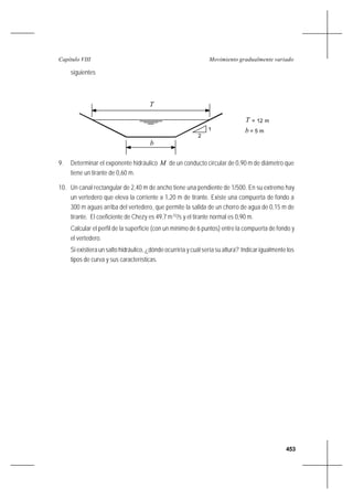453
Movimiento gradualmente variadoCapítulo VIII
siguientes
9. Determinar el exponente hidráulico M de un conducto circular de 0,90 m de diámetro que
tiene un tirante de 0,60 m.
10. Un canal rectangular de 2,40 m de ancho tiene una pendiente de 1/500. En su extremo hay
un vertedero que eleva la corriente a 1,20 m de tirante. Existe una compuerta de fondo a
300 m aguas arriba del vertedero, que permite la salida de un chorro de agua de 0,15 m de
tirante. El coeficiente de Chezy es 49,7 m1/2
/s y el tirante normal es 0,90 m.
Calcular el perfil de la superficie (con un mínimo de 6 puntos) entre la compuerta de fondo y
el vertedero.
Si existiera un salto hidráulico, ¿dónde ocurriría y cuál sería su altura? Indicar igualmente los
tipos de curva y sus características.
b
T
T = 12 m
b = 5 m
2
1
 