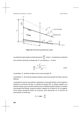 402
Arturo RochaHidráulica de tuberías y canales
2g
2
V
y
H
(1)
(2)
z
dx
SE
Línea de energía
Superficie libre
SW
θ
0
S
Fondo
x
Figura 8.6 Movimiento gradualmente variado
La variación de esta energía a lo largo del canal es
dx
dH
, siendo x la ordenada en la dirección
de la corriente. Derivando la energía total H con respecto a x se tiene
dx
zy
g
V
d
dx
dH






++
=
2
2
(8-12)
La pendiente 0S del fondo se define como el seno del ángulo θ .
La pendiente ES de la línea de energía se obtiene a partir de la ecuación de Chezy o de la de
Manning.
La pendiente se asume como positiva si desciende en la dirección del flujo y como negativa si
asciende en la dirección del flujo. La variación de energía H∆ es siempre negativa en la
dirección del flujo, pues lo contrario implicaría que se añadiese energía al sistema.La variación
de la elevación del fondo z∆ puede ser positiva o negativa. En la Figura 8.6, z∆ es negativa.
Como ambas pendientes deben ser positivas, pues descienden en la dirección de
escurrimiento, se tendrá que
dx
dz
S −== θsen0
 