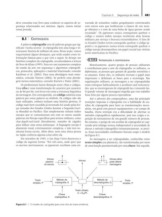 Capítulo 8   Segurança de redes 481
deve consultar esse livro para conhecer os aspectos de se-
gurança relacionados aos sistemas. Agora, vamos iniciar
nossa jornada.
8.1 Criptografia
A palavra criptografia vem de palavras gregas que sig-
nificam ‘escrita secreta’. A criptografia tem uma longa e in-
teressante história de milhares de anos. Nesta seção, vamos
esquematizar alguns destaques, que serão usados como in-
formações básicas para o que vem a seguir. Se desejar um
histórico completo da criptografia, recomendamos a leitura
do livro de Khan (1995). Para ver um tratamento completo
do estado da arte em segurança e algoritmos criptográfi-
cos, protocolos, aplicações e material relacionado, consulte
Kaufman et al. (2002). Para uma abordagem mais mate-
mática, consulte Stinson (2002). Se preferir uma aborda-
gem menos matemática, consulte Burnett e Paine (2001).
Os profissionais fazem distinção entre cifras e códigos.
Uma cifra é uma transformação de caractere por caractere
ou de bit por bit, sem levar em conta a estrutura linguística
da mensagem. Em contrapartida, um código substitui uma
palavra por outra palavra ou símbolo. Os códigos não são
mais utilizados, embora tenham uma história gloriosa. O
código mais bem-sucedido já inventado foi usado pelas for-
ças armadas dos Estados Unidos durante a Segunda Guer-
ra Mundial no Pacífico. Elas simplesmente tinham índios
navajos que se comunicavam uns com os outros usando
palavras em Navajo específicas para termos militares, como
chay-dagahi-nail-tsaidi (literalmente, matador de cágado)
para indicar uma arma antitanque. A linguagem navajo é
altamente tonal, extremamente complexa, e não tem ne-
nhuma forma escrita. Além disso, nem uma única pessoa
no Japão conhecia alguma coisa sobre ela.
Em setembro de 1945, o San Diego Union descreveu o
código da seguinte forma: “Por três anos, onde quer que
os marines aterrissassem, os japoneses recebiam uma en-
xurrada de estranhos ruídos gorgolejantes entremeados
com outros sons que lembravam o clamor de um mon-
ge tibetano e o som de uma bolsa de água quente sendo
esvaziada”. Os japoneses nunca conseguiram quebrar o
código e muitos índios navajos receberam altas honras
militares por serviço e bravura extraordinários. O fato de
os Estados Unidos terem conseguido quebrar o código ja-
ponês e os japoneses nunca terem conseguido quebrar o
código navajo desempenhou um papel crucial nas vitórias
norte-americanas no Pacífico.
8.1.1 Introdução à criptografia
Historicamente, quatro grupos de pessoas utilizaram
e contribuíram para a arte da criptografia: os militares, os
diplomatas, as pessoas que gostam de guardar memórias e
os amantes. Entre eles, os militares tiveram o papel mais
importante e definiram as bases para a tecnologia. Nas
organizações militares, as mensagens a ser criptografadas
eram entregues habitualmente a auxiliares mal remunera-
dos, que se encarregavam de criptografá-las e transmiti-las.
O grande volume de mensagens impedia que esse trabalho
fosse feito por alguns poucos especialistas.
Até o advento dos computadores, uma das principais
restrições impostas à criptografia era a habilidade do au-
xiliar de criptografia para fazer as transformações neces-
sárias, em geral com poucos equipamentos e no campo de
batalha. Outra restrição era a dificuldade de alternar os
métodos criptográficos rapidamente, pois isso exigia a re-
petição do treinamento de um grande número de pessoas.
No entanto, o perigo de um auxiliar de criptografia ser cap-
turado pelo inimigo tornou indispensável a necessidade de
alterar o método criptográfico instantaneamente, se preci-
so. Essas necessidades conflitantes fizeram surgir o modelo
da Figura 8.1.
As mensagens a ser criptografadas, conhecidas como
texto simples (ou plaintext), são transformadas por meio
de uma função parametrizada por uma chave. Em seguida,
Método de
criptografia, E
Intruso
passivo:
só escuta
Intruso ativo:
pode alterar
mensagens
Texto
simples, P
Texto
simples, P
Método de
descriptografia, D
Chave
criptográfica, K
Chave
descriptográfica, K
Texto cifrado,
C = EK(P)
Intruso
Figura 8.1  O modelo de criptografia (para uma cifra de chave simétrica).
08_tanen0809_cap08 BR.indd 481 4/25/11 3:07 PM
 