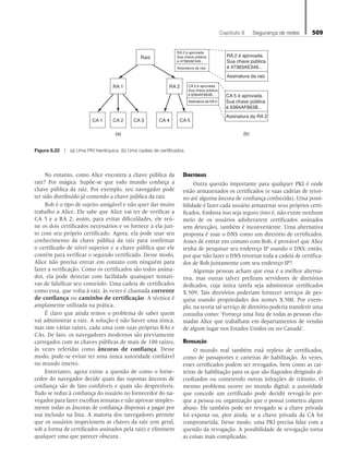 Capítulo 8   Segurança de redes 509
No entanto, como Alice encontra a chave pública da
raiz? Por mágica. Supõe-se que todo mundo conheça a
chave pública da raiz. Por exemplo, seu navegador pode
ter sido distribuído já contendo a chave pública da raiz.
Bob é o tipo de sujeito amigável e não quer dar muito
trabalho a Alice. Ele sabe que Alice vai ter de verificar a
CA 5 e a RA 2; assim, para evitar dificuldades, ele reú-
ne os dois certificados necessários e os fornece a ela jun-
to com seu próprio certificado. Agora, ela pode usar seu
conhecimento da chave pública da raiz para confirmar
o certificado de nível superior e a chave pública que ele
contém para verificar o segundo certificado. Desse modo,
Alice não precisa entrar em contato com ninguém para
fazer a verificação. Como os certificados são todos assina-
dos, ela pode detectar com facilidade quaisquer tentati-
vas de falsificar seu conteúdo. Uma cadeia de certificados
como essa, que volta à raiz, às vezes é chamada corrente
de confiança ou caminho de certificação. A técnica é
amplamente utilizada na prática.
É claro que ainda temos o problema de saber quem
vai administrar a raiz. A solução é não haver uma única,
mas sim várias raízes, cada uma com suas próprias RAs e
CAs. De fato, os navegadores modernos são previamente
carregados com as chaves públicas de mais de 100 raízes,
às vezes referidas como âncoras de confiança. Desse
modo, pode-se evitar ter uma única autoridade confiável
no mundo inteiro.
Entretanto, agora existe a questão de como o forne-
cedor do navegador decide quais das supostas âncoras de
confiança são de fato confiáveis e quais são desprezíveis.
Tudo se reduz à confiança do usuário no fornecedor do na-
vegador para fazer escolhas sensatas e não aprovar simples-
mente todas as âncoras de confiança dispostas a pagar por
sua inclusão na lista. A maioria dos navegadores permite
que os usuários inspecionem as chaves da raiz (em geral,
sob a forma de certificados assinados pela raiz) e eliminem
qualquer uma que parecer obscura.
Diretórios
Outra questão importante para qualquer PKI é onde
estão armazenados os certificados (e suas cadeias de retor-
no até alguma âncora de confiança conhecida). Uma possi-
bilidade é fazer cada usuário armazenar seus próprios certi-
ficados. Embora isso seja seguro (isto é, não existe nenhum
meio de os usuários adulterarem certificados assinados
sem detecção), também é inconveniente. Uma alternativa
proposta é usar o DNS como um diretório de certificados.
Antes de entrar em contato com Bob, é provável que Alice
tenha de pesquisar seu endereço IP usando o DNS; então,
por que não fazer o DNS retornar toda a cadeia de certifica-
dos de Bob juntamente com seu endereço IP?
Algumas pessoas acham que essa é a melhor alterna-
tiva, mas outras talvez prefiram servidores de diretórios
dedicados, cuja única tarefa seja administrar certificados
X.509. Tais diretórios poderiam fornecer serviços de pes-
quisa usando propriedades dos nomes X.500. Por exem-
plo, na teoria tal serviço de diretório poderia transferir uma
consulta como: ‘Forneça uma lista de todas as pessoas cha-
madas Alice que trabalham em departamentos de vendas
de algum lugar nos Estados Unidos ou no Canadá’.
Revogação
O mundo real também está repleto de certificados,
como de passaportes e carteiras de habilitação. Às vezes,
esses certificados podem ser revogados, bem como as car-
teiras de habilitação para os que são flagrados dirigindo al-
coolizados ou cometendo outras infrações de trânsito. O
mesmo problema ocorre no mundo digital: a autoridade
que concede um certificado pode decidir revogá-lo por-
que a pessoa ou organização que o possui cometeu algum
abuso. Ele também pode ser revogado se a chave privada
foi exposta ou, pior ainda, se a chave privada da CA foi
comprometida. Desse modo, uma PKI precisa lidar com a
questão da revogação. A possibilidade de revogação torna
as coisas mais complicadas.
CA 1 CA 2
(a) (b)
CA 3 CA 4 CA 5
RA 2
RA 2 é aprovada.
Sua chave pública
é 47383AE349...
Assinatura da raiz
RA 1
Raiz
CA 5 é aprovada.
Sua chave pública
é 6384AF863B...
Assinatura da RA 2
RA 2 é aprovada.
Sua chave pública
é 47383AE349...
Assinatura da raiz
CA 5 é aprovada.
Sua chave pública
é 6384AF863B...
Assinatura da RA 2
Figura 8.22 z (a) Uma PKI hierárquica. (b) Uma cadeia de certificados.
08_tanen0809_cap08 BR.indd 509 4/25/11 3:08 PM
 