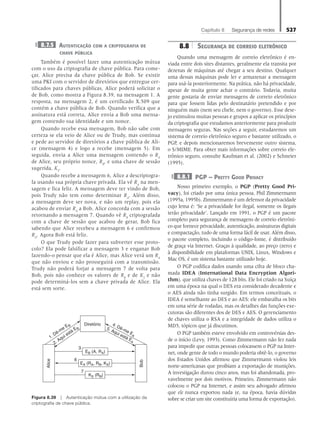 Capítulo 8   Segurança de redes 527
8.7.5 Autenticação com a criptografia de
chave pública
Também é possível fazer uma autenticação mútua
com o uso da criptografia de chave pública. Para come-
çar, Alice precisa da chave pública de Bob. Se existir
uma PKI com o servidor de diretórios que entregue cer-
tificados para chaves públicas, Alice poderá solicitar o
de Bob, como mostra a Figura 8.39, na mensagem 1. A
resposta, na mensagem 2, é um certificado X.509 que
contém a chave pública de Bob. Quando verifica que a
assinatura está correta, Alice envia a Bob uma mensa-
gem contendo sua identidade e um nonce.
Quando recebe essa mensagem, Bob não sabe com
certeza se ela veio de Alice ou de Trudy, mas continua
e pede ao servidor de diretórios a chave pública de Ali-
ce (mensagem 4) e logo a recebe (mensagem 5). Em
seguida, envia a Alice uma mensagem contendo o RA
de Alice, seu próprio nonce, RB
, e uma chave de sessão
sugerida, KS
.
Quando recebe a mensagem 6, Alice a descriptogra-
fa usando sua própria chave privada. Ela vê RA
na men-
sagem e fica feliz. A mensagem deve ter vindo de Bob,
pois Trudy não tem como determinar RA
. Além disso,
a mensagem deve ser nova, e não um replay, pois ela
acabou de enviar RA
a Bob. Alice concorda com a sessão
retornando a mensagem 7. Quando vê RB
criptografada
com a chave de sessão que acabou de gerar, Bob fica
sabendo que Alice recebeu a mensagem 6 e confirmou
RA
. Agora Bob está feliz.
O que Trudy pode fazer para subverter esse proto-
colo? Ela pode falsificar a mensagem 3 e enganar Bob
fazendo-o pensar que ela é Alice, mas Alice verá um RA
que não enviou e não prosseguirá com a transmissão.
Trudy não poderá forjar a mensagem 7 de volta para
Bob, pois não conhece os valores de RB
e de KS
e não
pode determiná-los sem a chave privada de Alice. Ela
está sem sorte.
8.8 Segurança de correio eletrônico
Quando uma mensagem de correio eletrônico é en-
viada entre dois sites distantes, geralmente ela transita por
dezenas de máquinas até chegar a seu destino. Qualquer
uma dessas máquinas pode ler e armazenar a mensagem
para usá-la posteriormente. Na prática, não há privacidade,
apesar de muita gente achar o contrário. Todavia, muita
gente gostaria de enviar mensagens de correio eletrônico
para que fossem lidas pelo destinatário pretendido e por
ninguém mais (nem seu chefe, nem o governo). Esse dese-
jo estimulou muitas pessoas e grupos a aplicar os princípios
da criptografia que estudamos anteriormente para produzir
mensagens seguras. Nas seções a seguir, estudaremos um
sistema de correio eletrônico seguro e bastante utilizado, o
PGP, e depois mencionaremos brevemente outro sistema,
o S/MIME. Para obter mais informações sobre correio ele-
trônico seguro, consulte Kaufman et al. (2002) e Schneier
(1995).
8.8.1 PGP — Pretty Good Privacy
Nosso primeiro exemplo, o PGP (Pretty Good Pri-
vacy), foi criado por uma única pessoa, Phil Zimmermann
(1995a, 1995b). Zimmermann é um defensor da privacidade
cujo lema é: ‘Se a privacidade for ilegal, somente os ilegais
terão privacidade’. Lançado em 1991, o PGP é um pacote
completo para segurança de mensagens de correio eletrôni-
co que fornece privacidade, autenticação, assinaturas digitais
e compactação, tudo de uma forma fácil de usar. Além disso,
o pacote completo, incluindo o código-fonte, é distribuído
de graça via Internet. Graças à qualidade, ao preço (zero) e
à disponibilidade em plataformas UNIX, Linux, Windows e
Mac OS, é um sistema bastante utilizado hoje.
O PGP codifica dados usando uma cifra de bloco cha-
mada IDEA (International Data Encryption Algori-
thm), que utiliza chaves de 128 bits. Ele foi criado na Suíça
em uma época na qual o DES era considerado decadente e
o AES ainda não tinha surgido. Em termos conceituais, o
IDEA é semelhante ao DES e ao AES: ele embaralha os bits
em uma série de rodadas, mas os detalhes das funções exe-
cutoras são diferentes dos de DES e AES. O gerenciamento
de chaves utiliza o RSA e a integridade de dados utiliza o
MD5, tópicos que já discutimos.
O PGP também esteve envolvido em controvérsias des-
de o início (Levy, 1993). Como Zimmermann não fez nada
para impedir que outras pessoas colocassem o PGP na Inter-
net, onde gente de todo o mundo poderia obtê-lo, o governo
dos Estados Unidos afirmou que Zimmermann violou leis
norte-americanas que proibiam a exportação de munições.
A investigação durou cinco anos, mas foi abandonada, pro-
vavelmente por dois motivos. Primeiro, Zimmermann não
colocou o PGP na Internet, e assim seu advogado afirmou
que ele nunca exportou nada (e, na época, havia dúvidas
sobre se criar um site constituiria uma forma de exportação).
3
EB (A, RA)
7
KS (RB)
6
EA (RA, RB, KS)
Bob
Alice
Diretório
2. Aqui está EB
4. Dê-me E
A
5. Aqui está E
A
1. Dê-me EB
Figura 8.39 z Autenticação mútua com a utilização da
criptografia de chave pública.
08_tanen0809_cap08 BR.indd 527 4/25/11 3:08 PM
 