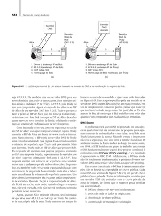 532 Redes de computadores
seja 42.9.9.9. Ela também cria um servidor DNS para seu
novo domínio, dns.trudy-a-intrusa.com. Esse servidor uti-
liza ainda o endereço IP de Trudy, 42.9.9.9, pois Trudy só
tem um computador. Agora, ela tem de dar ciência ao ISP
de Alice de seu servidor DNS. Isso é fácil. Tudo o que tem a
fazer é pedir ao ISP de Alice que lhe forneça foobar.trudy-
-a-intrusa.com. Isso fará com que o ISP de Alice descubra
quem serve ao novo domínio de Trudy, solicitando o ende-
reço ao servidor de endereços com de nível superior.
Com dns.trudy-a-intrusa.com em segurança no cache
do ISP de Alice, o ataque real pode começar. Agora, Trudy
consulta o ISP de Alice em busca de www.trudy-a-intrusa.
com. Naturalmente, o ISP envia ao servidor DNS de Trudy
uma consulta solicitando essa página. Essa consulta contém
o número de sequência que Trudy está procurando. Mais
que depressa, Trudy pede ao ISP de Alice que procure Bob.
Ela responde de imediato sua própria pergunta, enviando
ao ISP uma resposta forjada, supostamente do servidor com
de nível superior, afirmando: ‘bob.com é 42.9.9.9’. Essa
resposta contém um número de sequência uma unidade
maior que o endereço que ela acabou de receber. Enquanto
isso, ela também pode enviar uma segunda falsificação com
um número de sequência duas unidades mais alto, e talvez
mais uma dezena de números de sequência crescentes. Um
deles deverá corresponder. Os restantes serão simplesmen-
te descartados. Quando chegar a resposta forjada de Alice,
ela ficará em cache; mais tarde, quando chegar a resposta
real, ela será rejeitada, pois não haverá nenhuma consulta
pendente nesse momento.
Agora, quando Alice procurar bob.com, será informada
de que deve usar 42.9.9.9, o endereço de Trudy. No confor-
to de sua própria sala de estar, Trudy montou um ataque do
homem no meio bem-sucedido, cujas etapas estão ilustradas
na Figura 8.43. Esse ataque específico pode ser anulado se os
servidores DNS usarem IDs aleatórias em suas consultas, em
vez de simplesmente contarem; porém, parece que toda vez
que um furo é vedado, surge outro. Em particular, as IDs têm
apenas 16 bits, de modo que é fácil trabalhar com todas elas
quando é um computador que está fazendo as tentativas.
DNS Seguro
O problema real é que o DNS foi projetado em uma épo-
ca na qual a Internet era um recurso de pesquisa para algu-
mas centenas de universidades e nem Alice, nem Bob, nem
Trudy faziam parte da turma. Naquele tempo, o importante
não era a segurança, mas sim fazer a Internet funcionar. O
ambiente mudou de forma radical ao longo dos anos; assim,
em 1994, a IETF instalou um grupo de trabalho para tornar
o DNS fundamentalmente seguro. Esse projeto (contínuo) é
conhecido como DNSsec (DNS security), e seu resultado
é apresentado na RFC 2535. Infelizmente, o DNSsec ainda
não foi totalmente implementado, e portanto diversos ser-
vidores DNS ainda estão vulneráveis a ataques de spoofing.
Em termos conceituais, o DNSsec é extremamente sim-
ples. Ele se baseia na criptografia de chave pública. Cada
zona DNS (no sentido da Figura 7.2) tem um par de chave
pública/chave privada. Todas as informações enviadas por
um servidor DNS são assinadas com a chave privada da
zona de origem, de forma que o receptor possa verificar
sua autenticidade.
O DNSsec oferece três serviços fundamentais:
1. prova de onde os dados se originaram;
2. distribuição de chave pública;
3. autenticação de transação e solicitação.
Figura 8.42 z (a) Situação normal. (b) Um ataque baseado na invasão do DNS e na modificação do registro de Bob.
1. Dê-me o endereço IP de Bob
2. 36.1.2.3 (endereço IP de Bob)
3. GET index.html
4. Home page de Bob
Servidor
Web de
Bob
(36.1.2.3)
Servidor
DNS
Alice
1
2
3
(a)
4
1. Dê-me o endereço IP de Bob
2. 42.9.9.9 (endereço IP de Trudy)
3. GET index.html
4. Home page de Bob modificada por Trudy
Servidor
Web de
Trudy
(42.9.9.9)
Servidor
DNS
atacado
Alice
1
2
3
(b)
4
08_tanen0809_cap08 BR.indd 532 4/25/11 3:08 PM
 